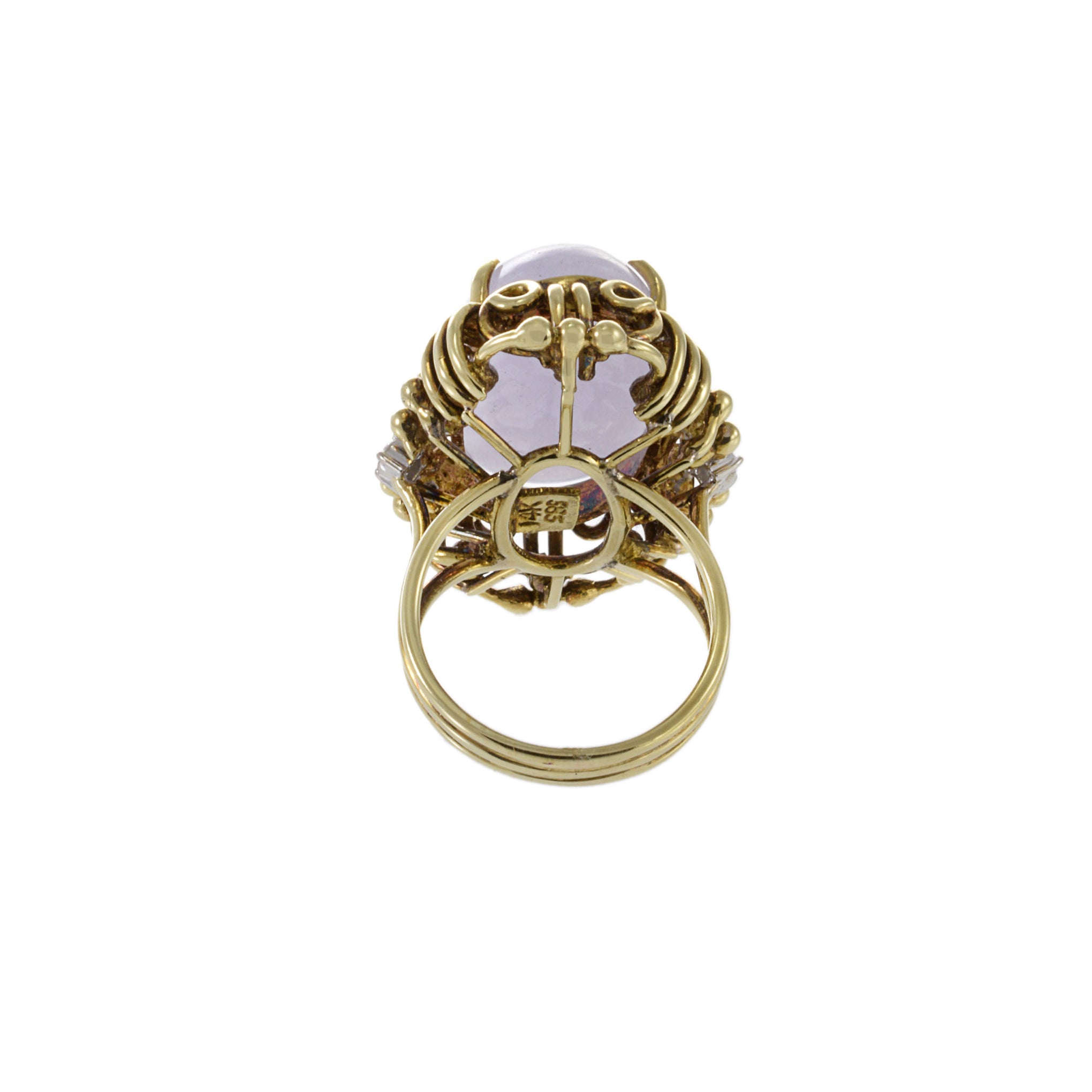 Estate Retro 14KT Yellow Gold Genuine Oval Lavender Jade And Diamond Ring