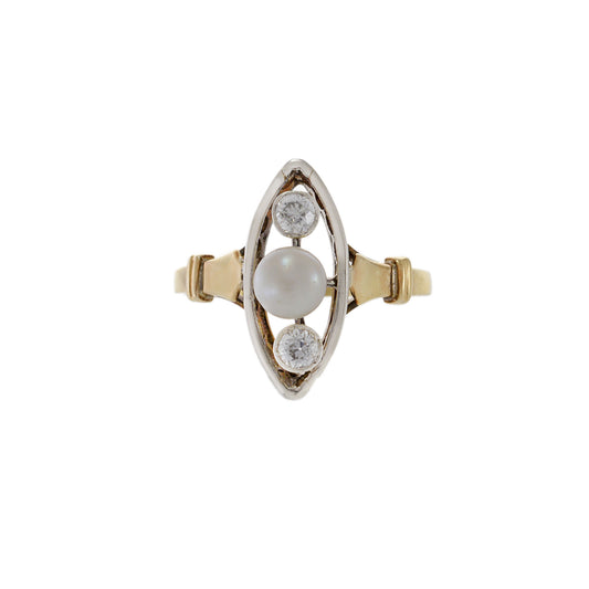 Vintage 14KT Yellow Gold 1930s Pearl And Marquise Diamond Ring