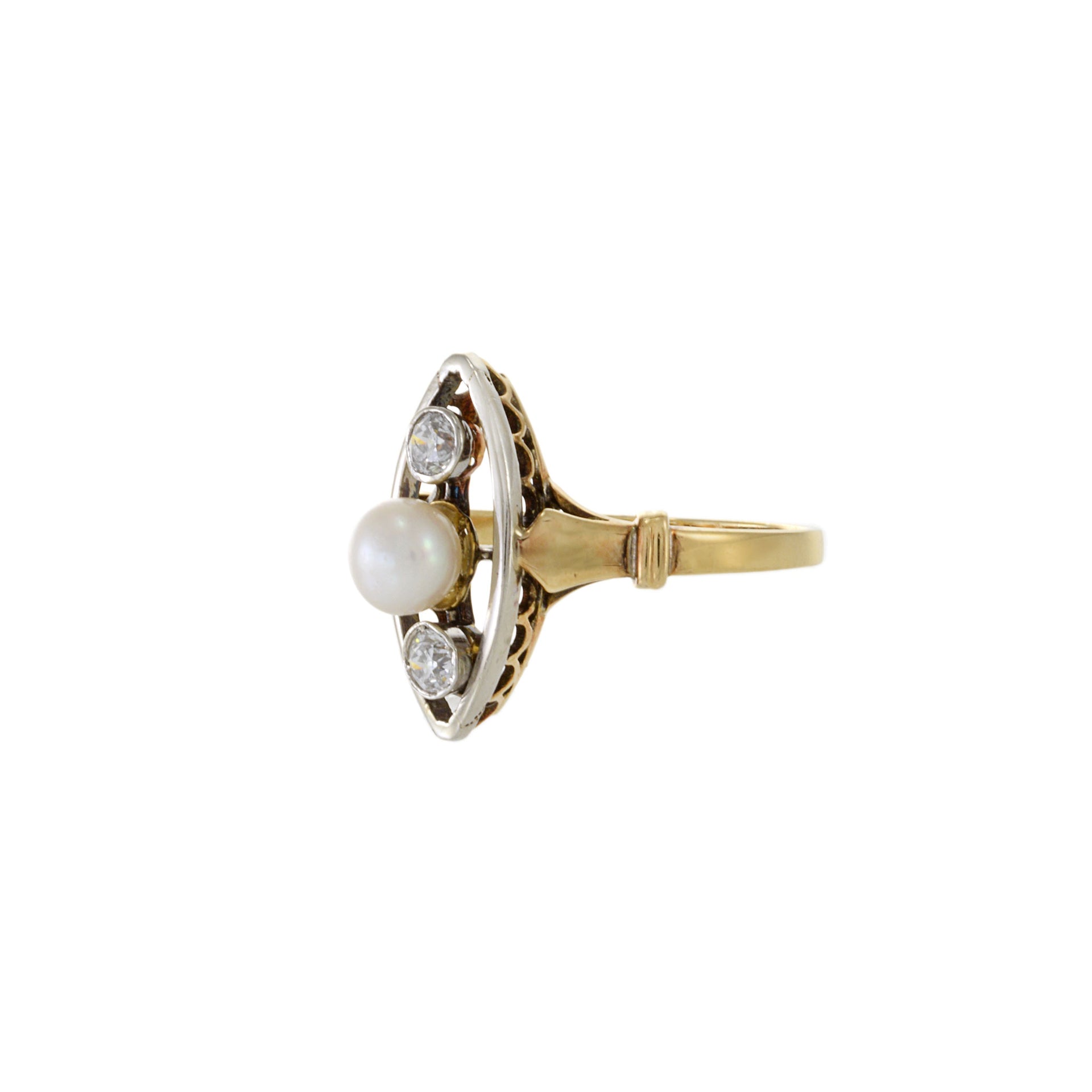 Vintage 14KT Yellow Gold 1930s Pearl And Marquise Diamond Ring