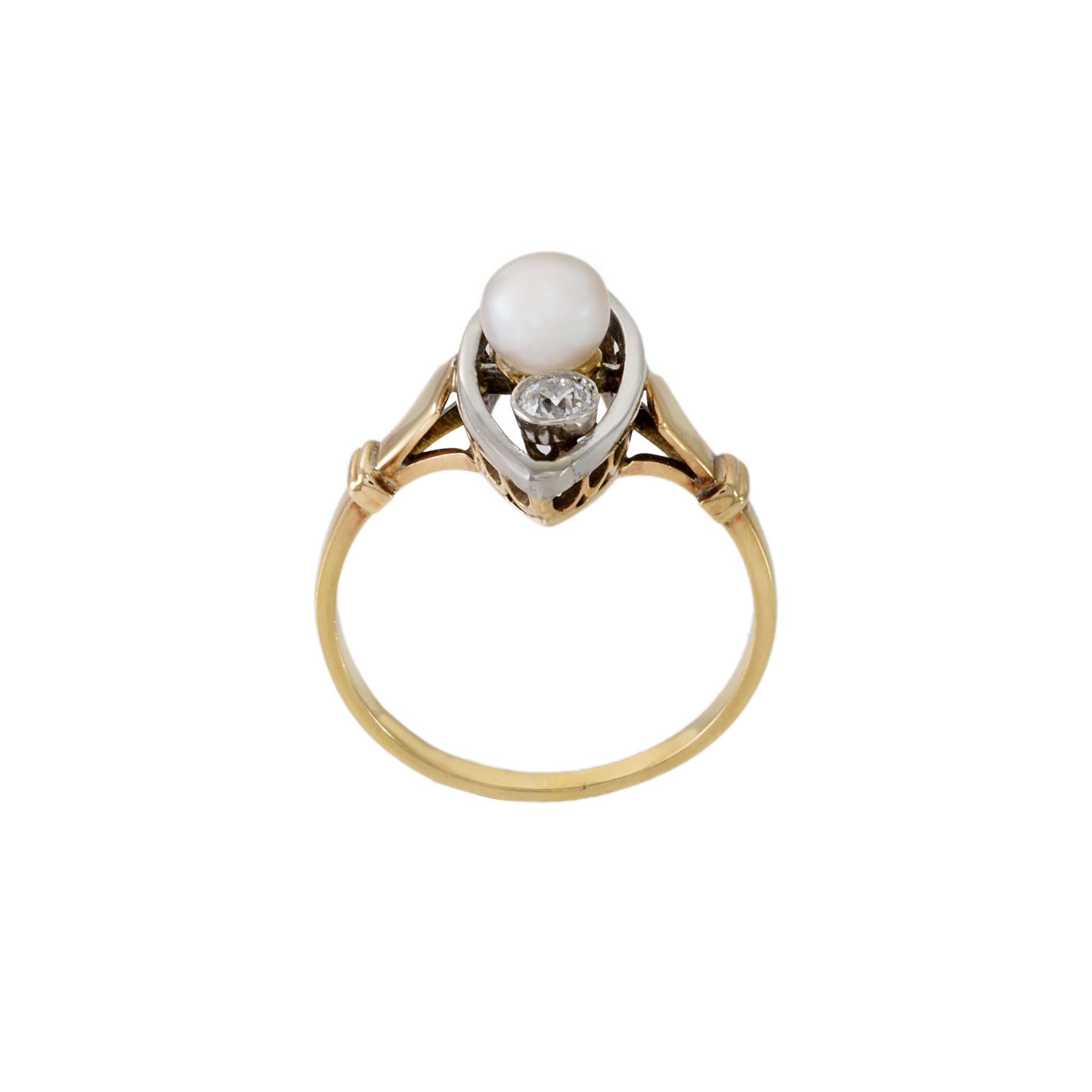 Vintage 14KT Yellow Gold 1930s Pearl And Marquise Diamond Ring