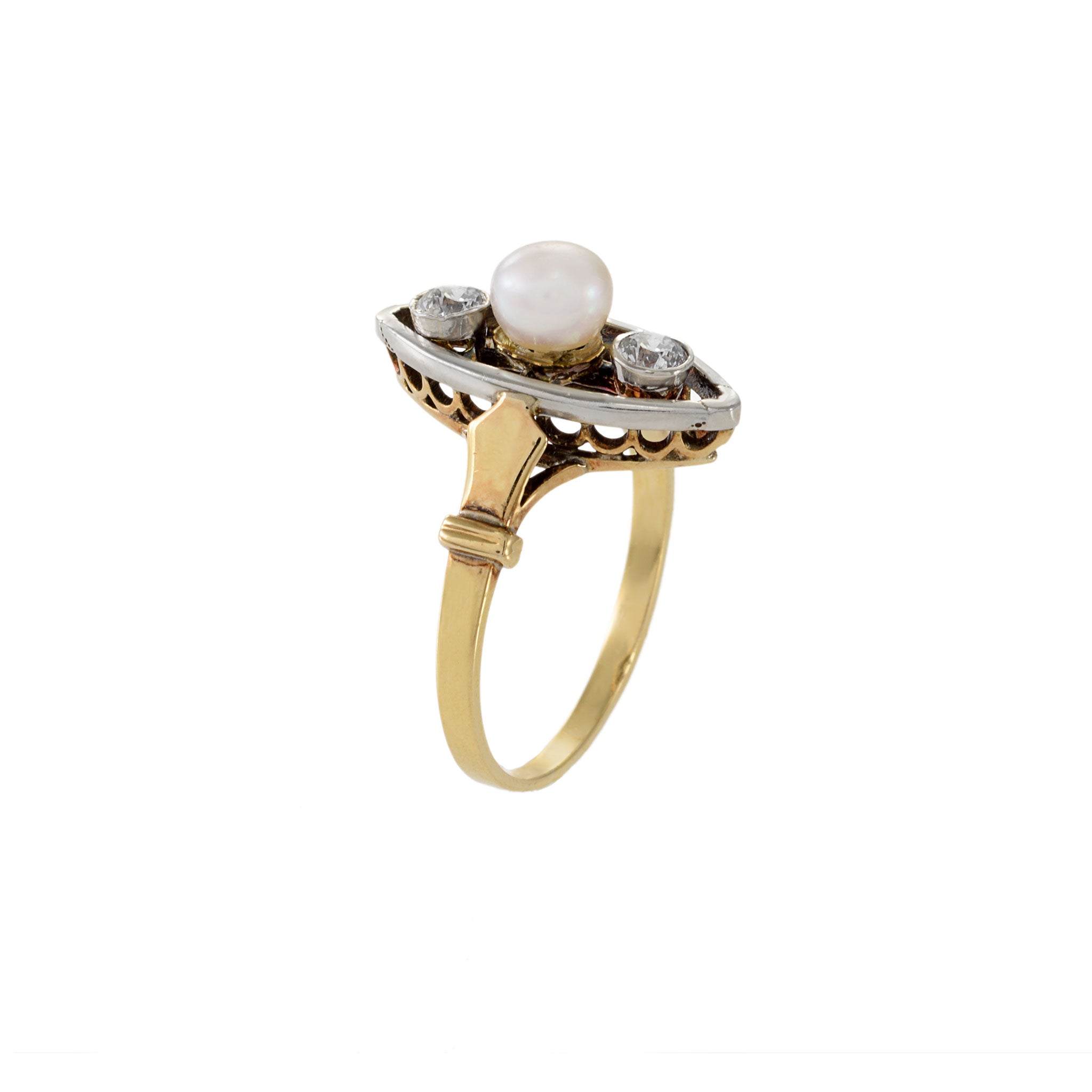 Vintage 14KT Yellow Gold 1930s Pearl And Marquise Diamond Ring