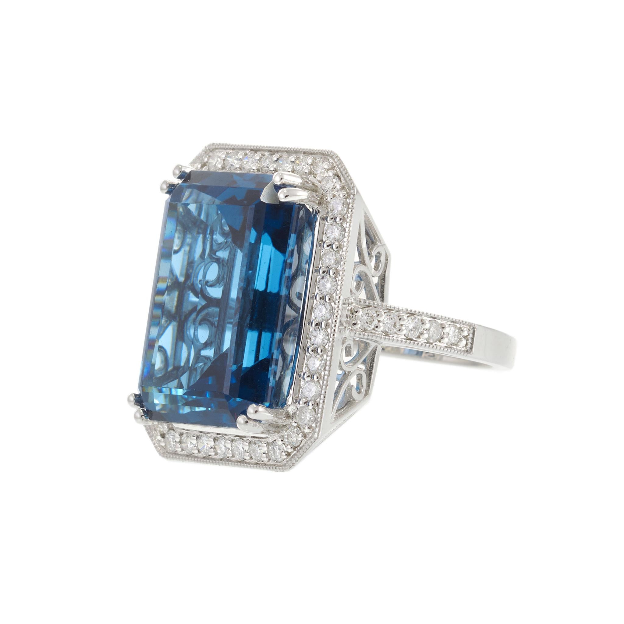 14KT White Gold 31.40CT London Blue Topaz Double Halo Statement Ring