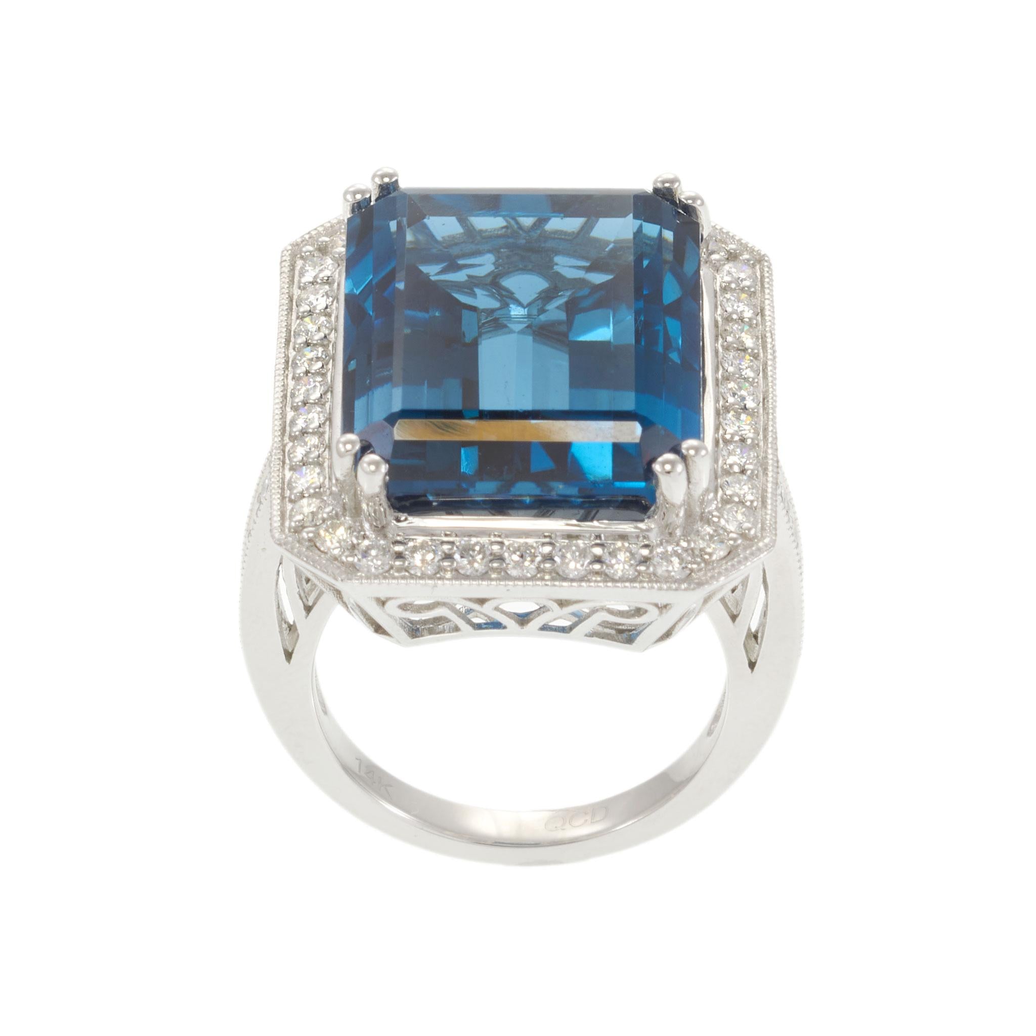 14KT White Gold 31.40CT London Blue Topaz Double Halo Statement Ring