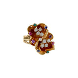 Estate 14KT Yellow Gold Retro Era Floral Cluster Floating Diamond and Multi-Color Gemstone Ring