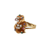 Estate 14KT Yellow Gold Retro Era Floral Cluster Floating Diamond and Multi-Color Gemstone Ring