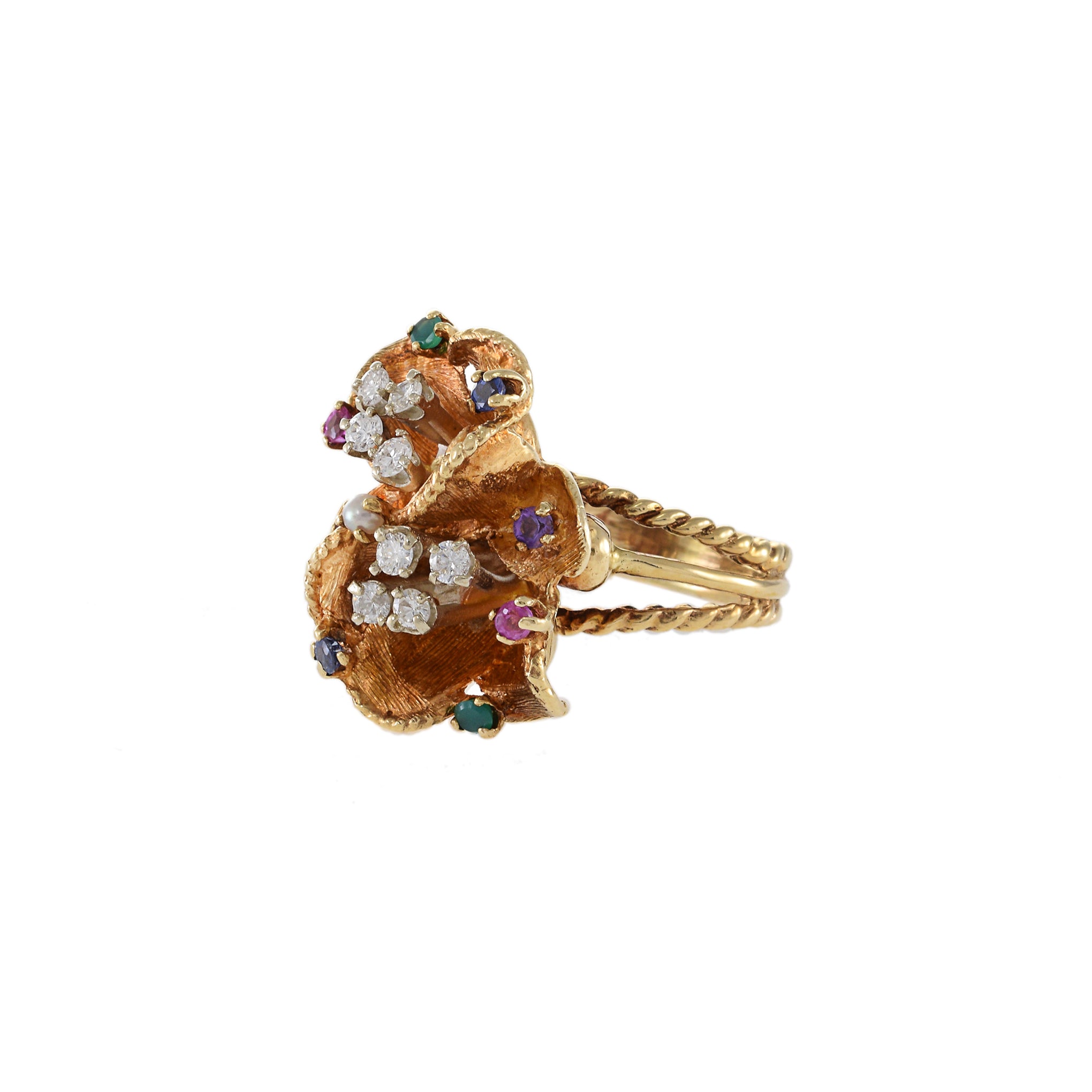 Estate 14KT Yellow Gold Retro Era Floral Cluster Floating Diamond and Multi-Color Gemstone Ring