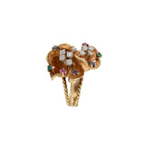 Estate 14KT Yellow Gold Retro Era Floral Cluster Floating Diamond and Multi-Color Gemstone Ring