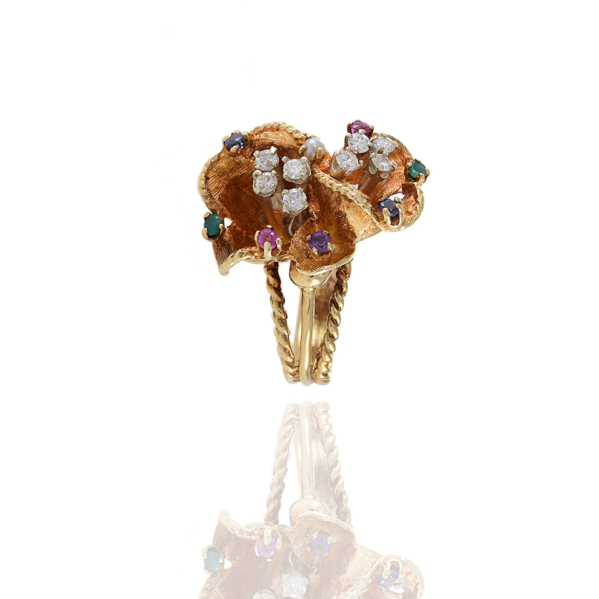 Estate 14KT Yellow Gold Retro Era Floral Cluster Floating Diamond and Multi-Color Gemstone Ring