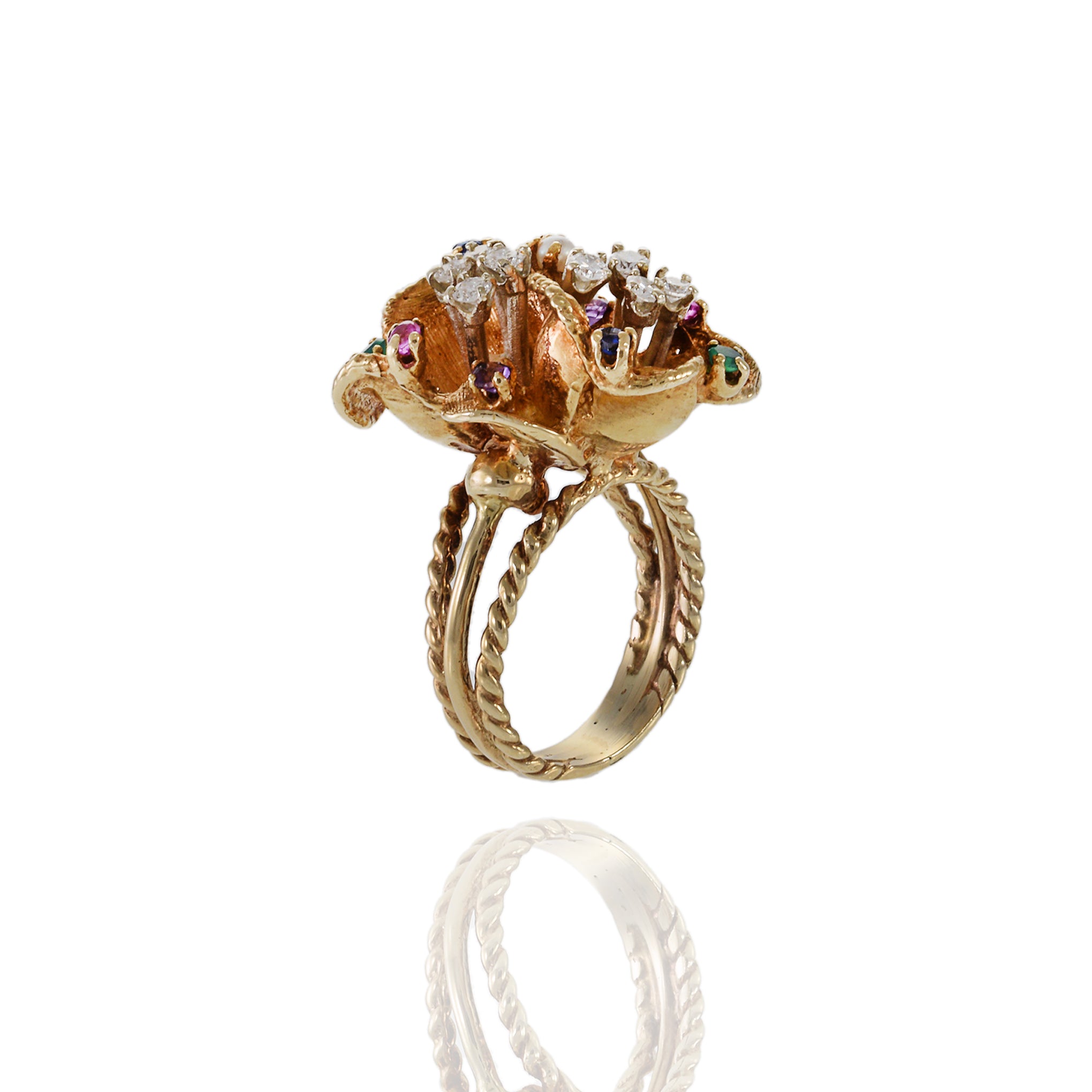 Estate 14KT Yellow Gold Retro Era Floral Cluster Floating Diamond and Multi-Color Gemstone Ring