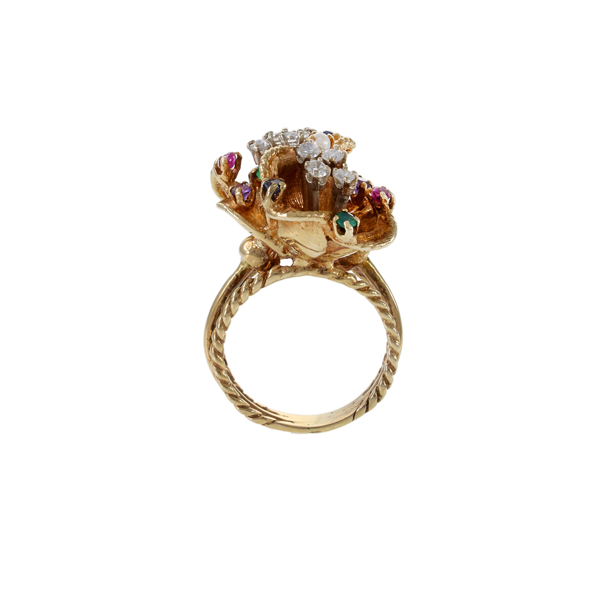 Estate 14KT Yellow Gold Retro Era Floral Cluster Floating Diamond and Multi-Color Gemstone Ring