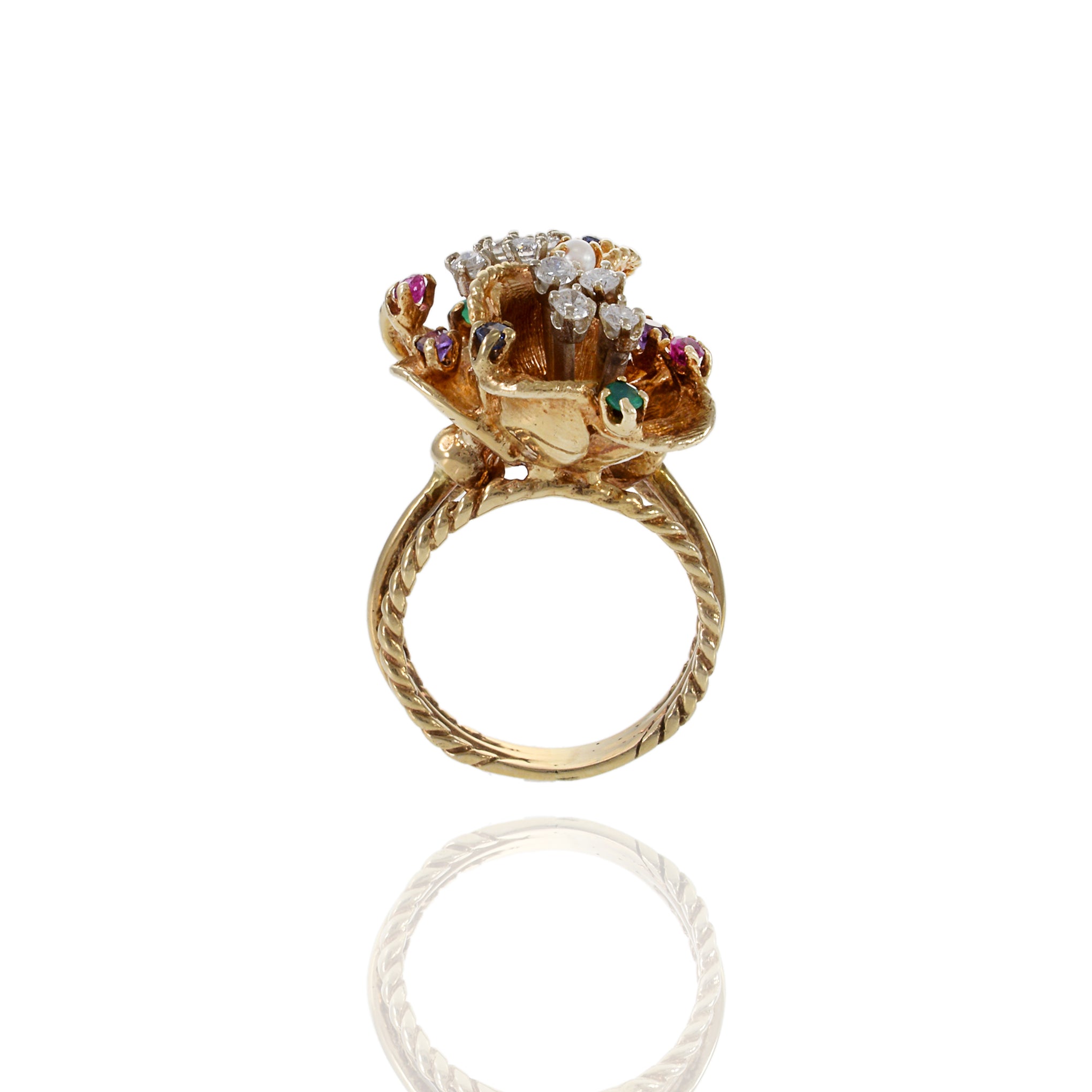 Estate 14KT Yellow Gold Retro Era Floral Cluster Floating Diamond and Multi-Color Gemstone Ring