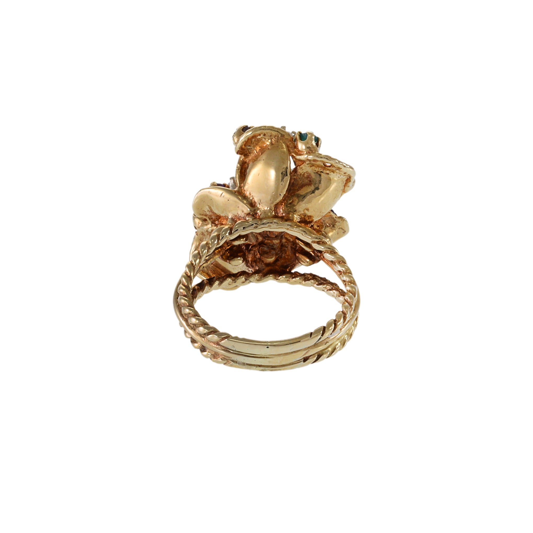 Estate 14KT Yellow Gold Retro Era Floral Cluster Floating Diamond and Multi-Color Gemstone Ring