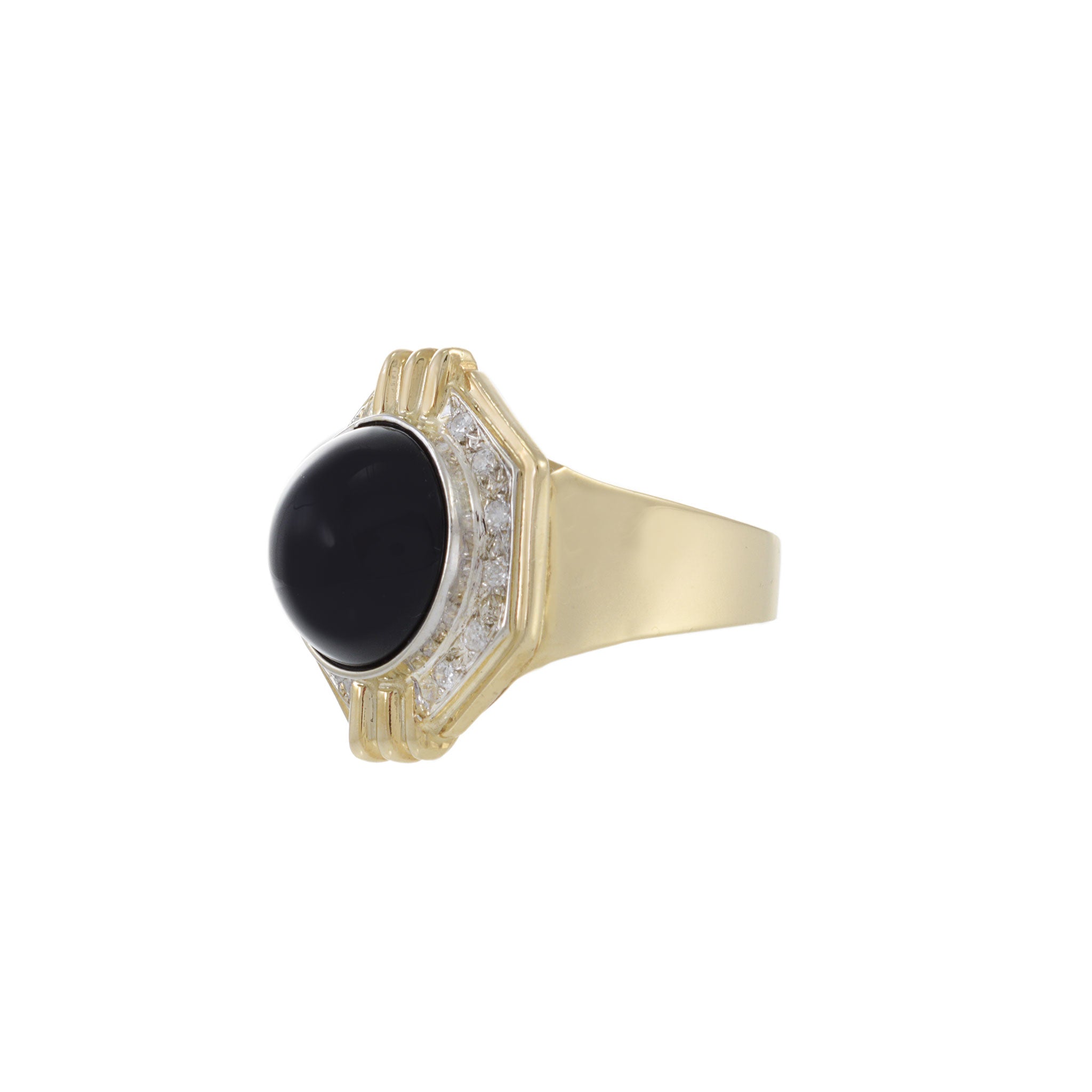 Vintage 1970s 14KT Yellow Gold Diamond and Black Onyx Ring