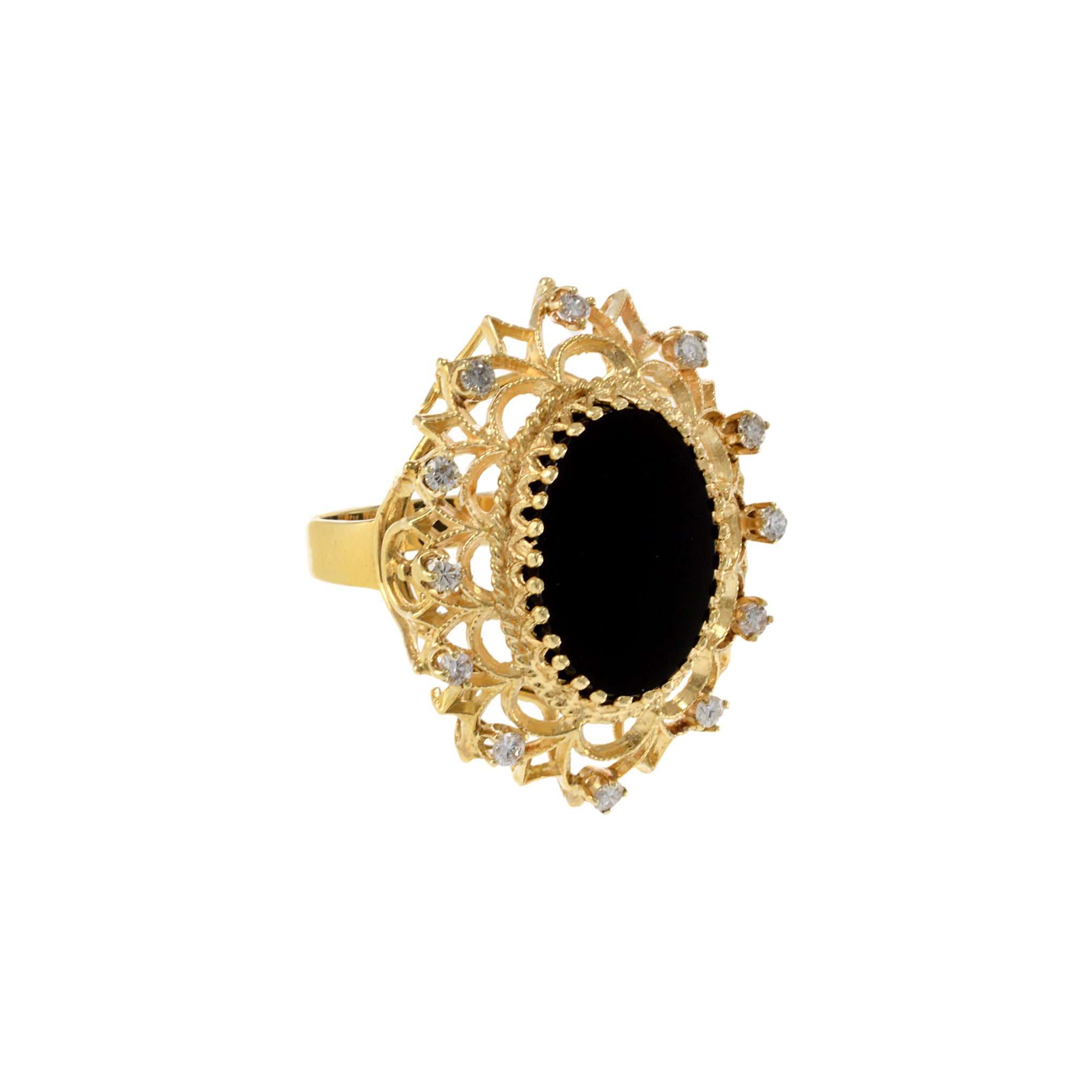 Vintage Retro Era 14KT Yellow Gold Black Onyx and Diamond Cocktail Ring