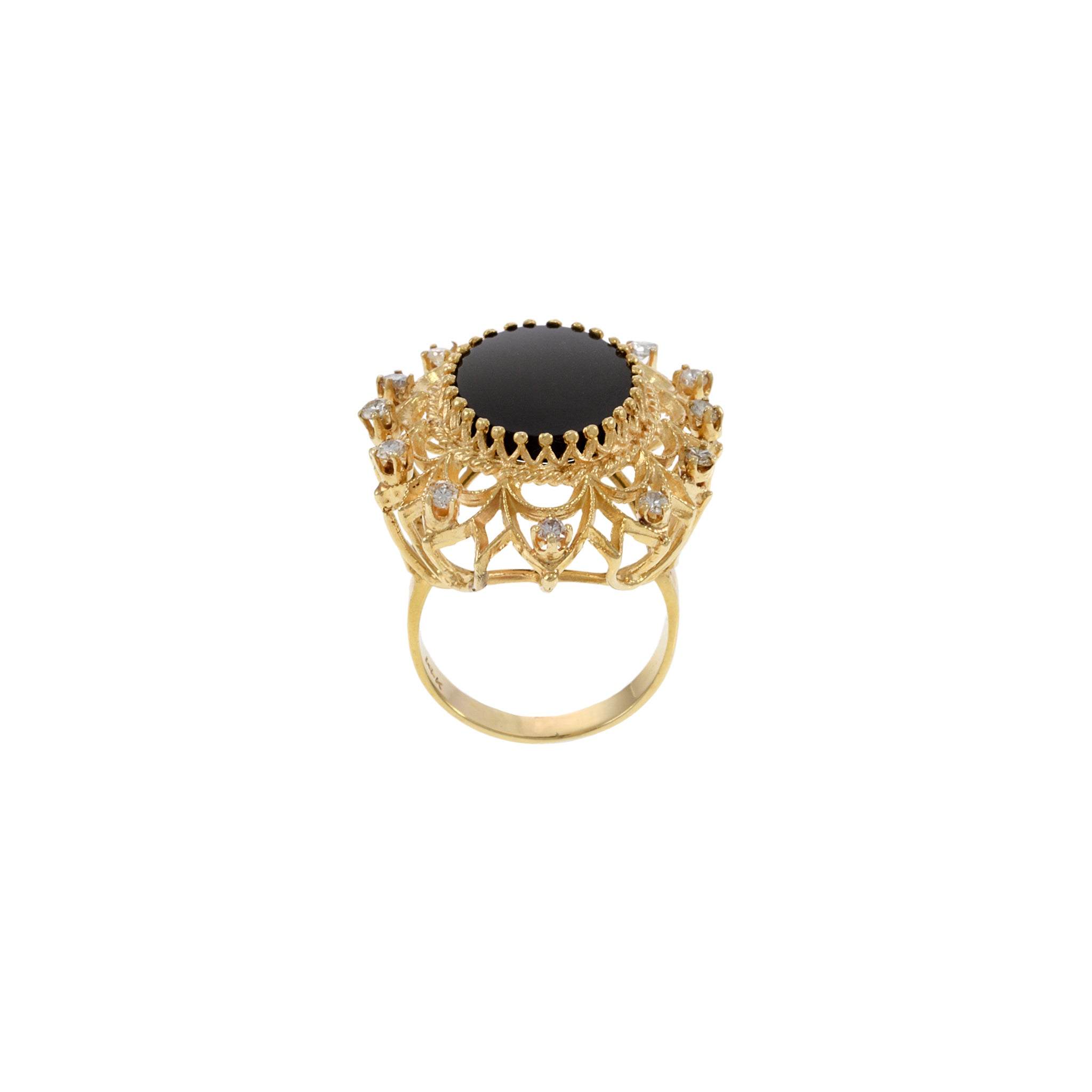 Vintage Retro Era 14KT Yellow Gold Black Onyx and Diamond Cocktail Ring