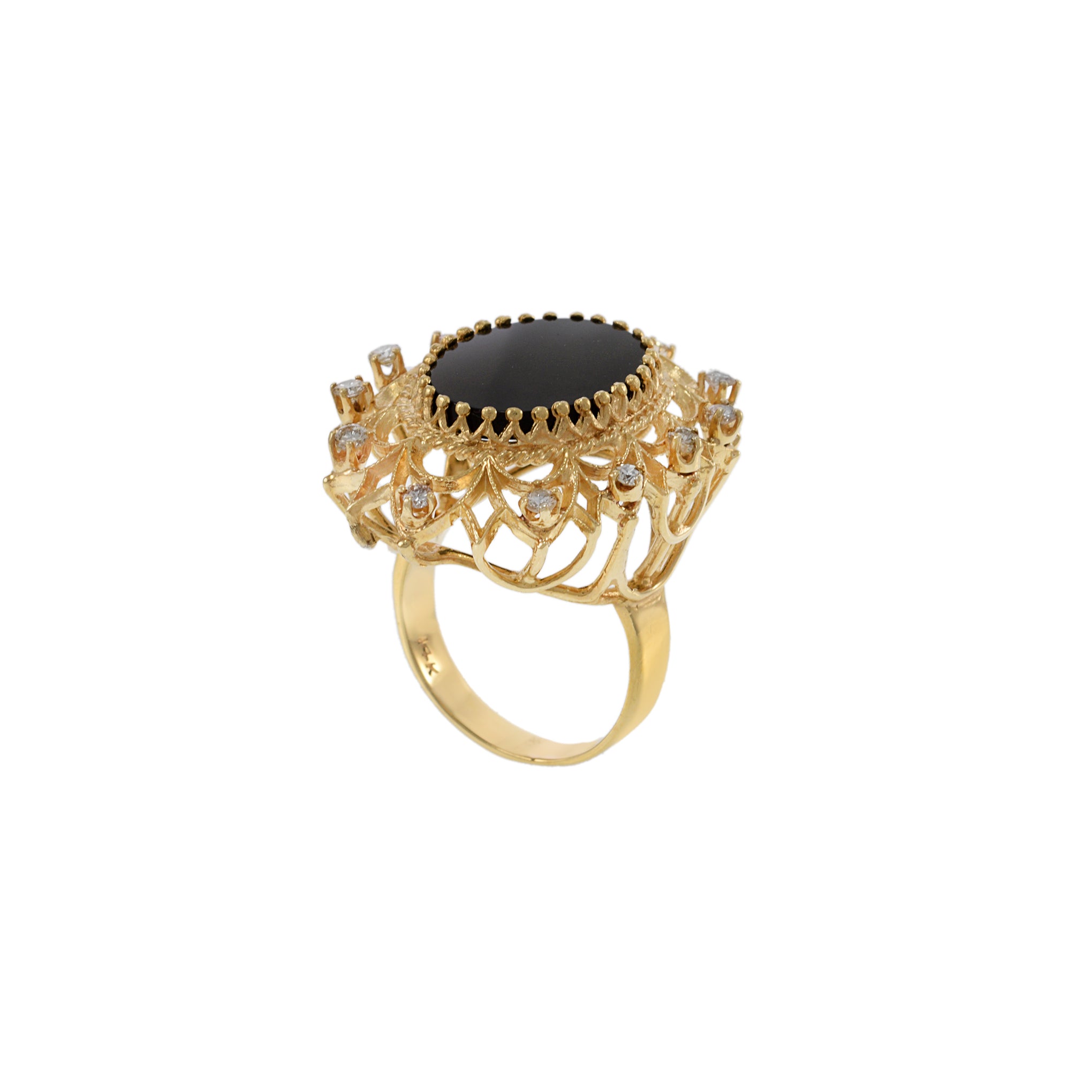 Vintage Retro Era 14KT Yellow Gold Black Onyx and Diamond Cocktail Ring