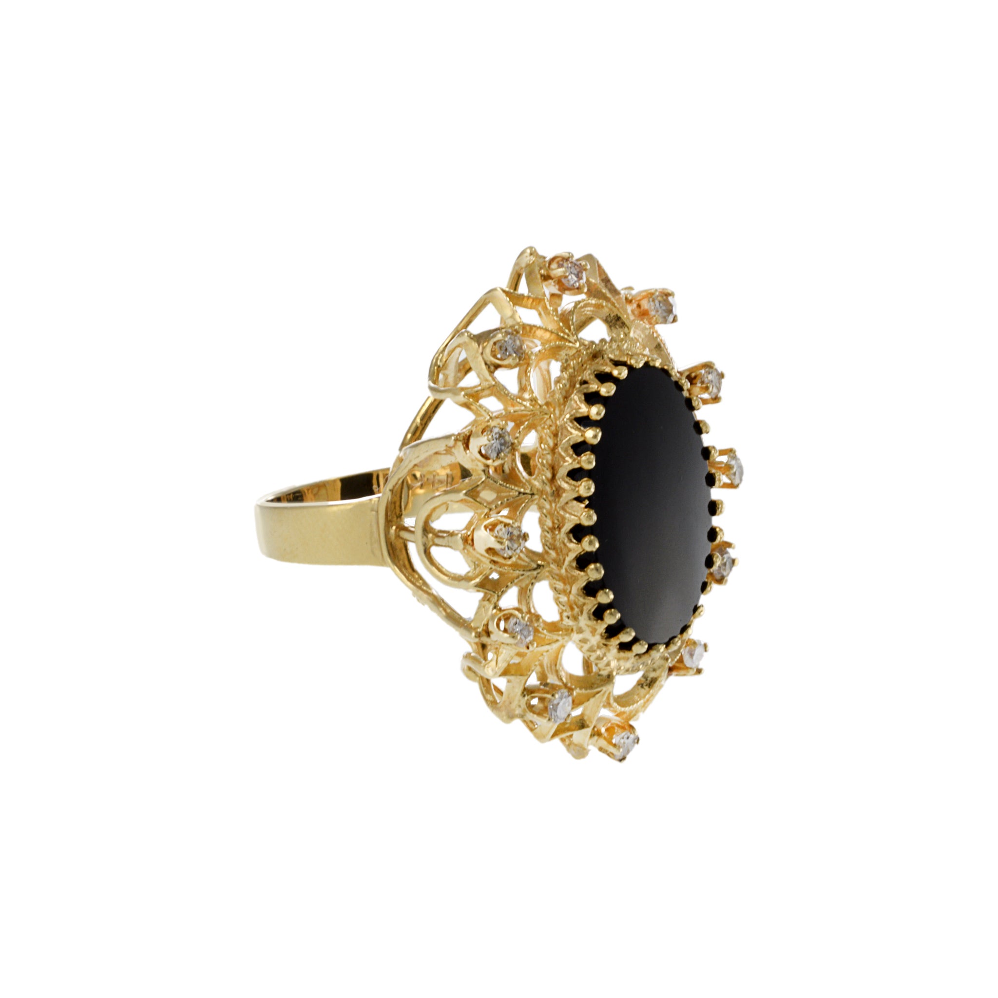 Vintage Retro Era 14KT Yellow Gold Black Onyx and Diamond Cocktail Ring