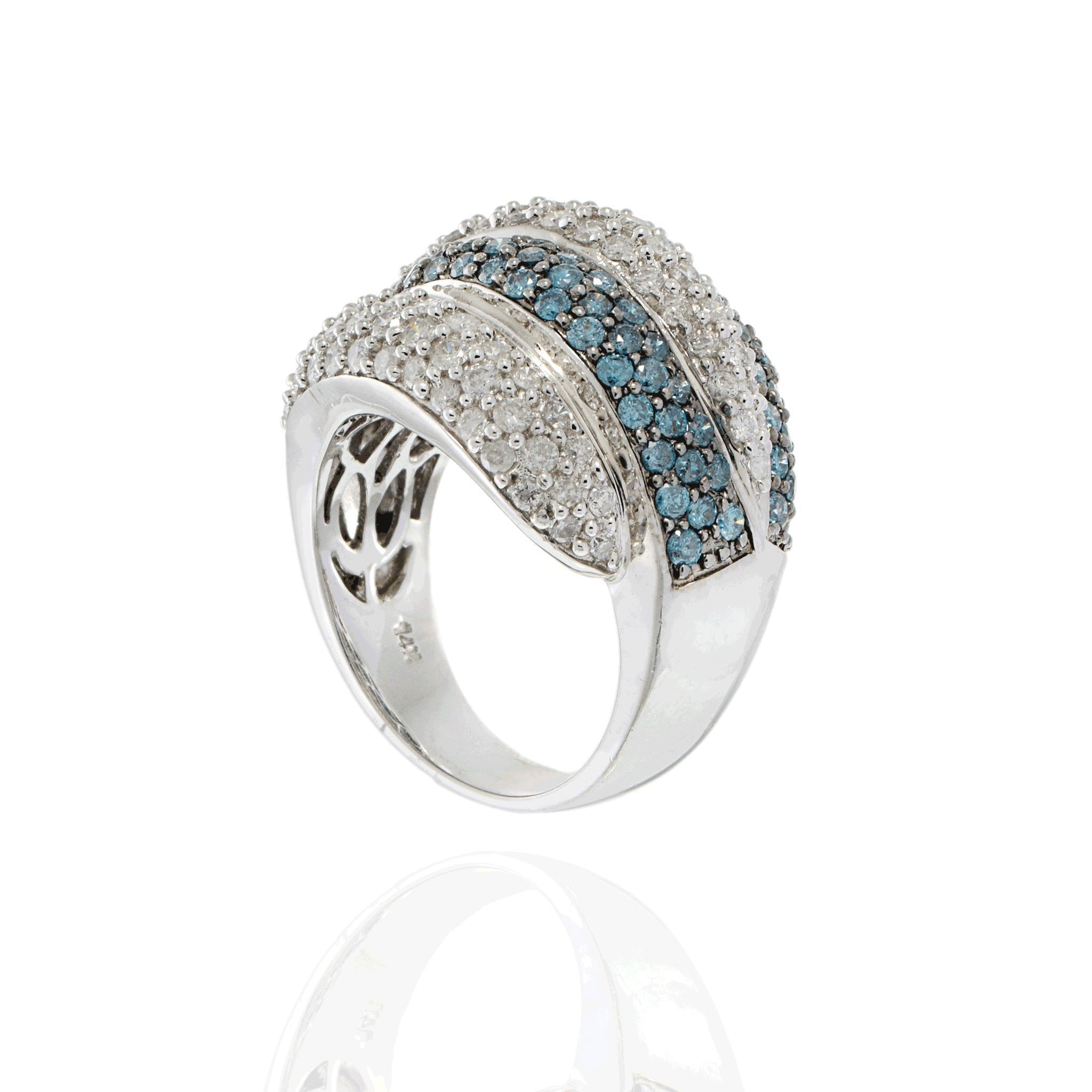 14KT White Gold Blue and White Diamond Dome Ring