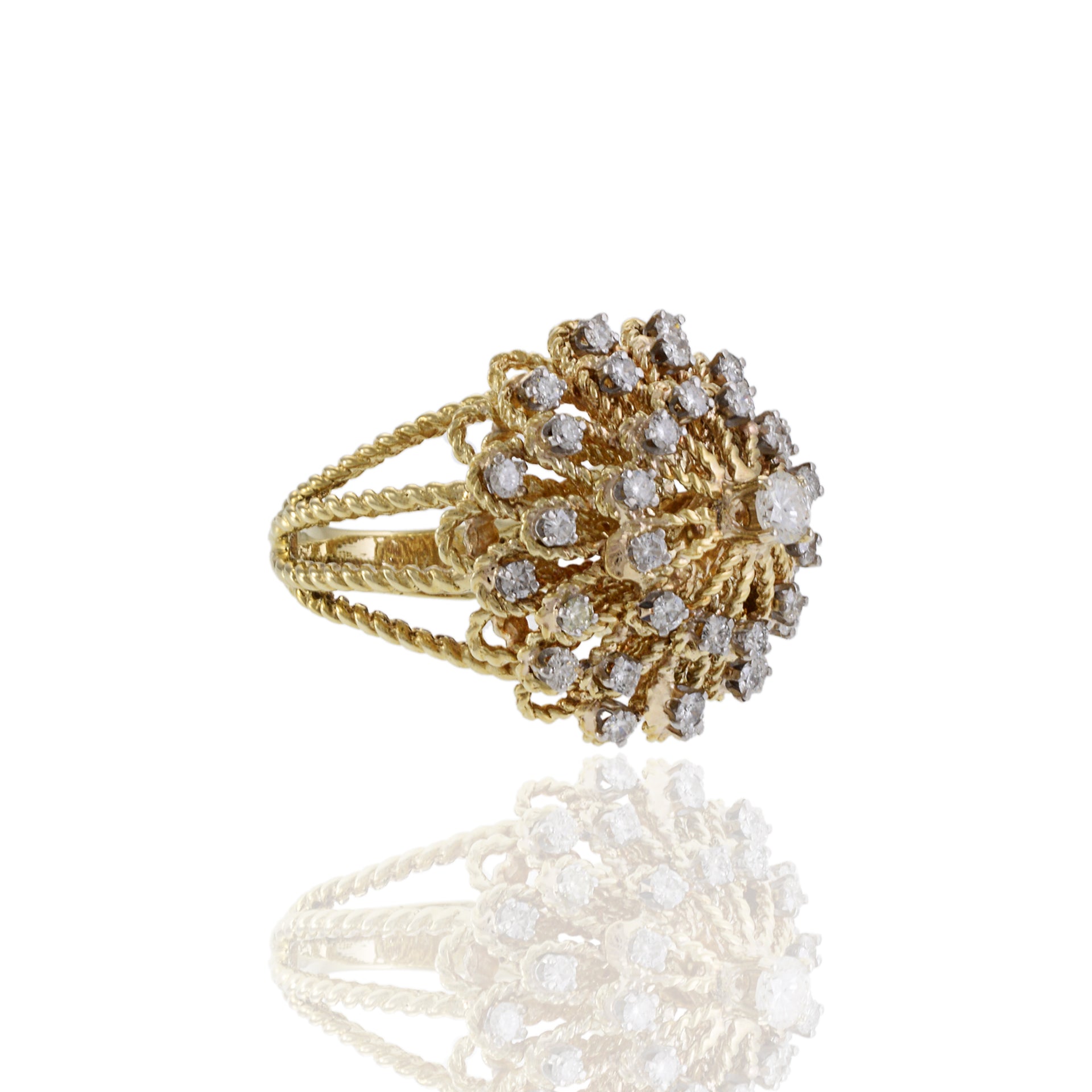 Vintage Retro Era 14KT Yellow Gold Braided Dome Diamond Cocktail Ring