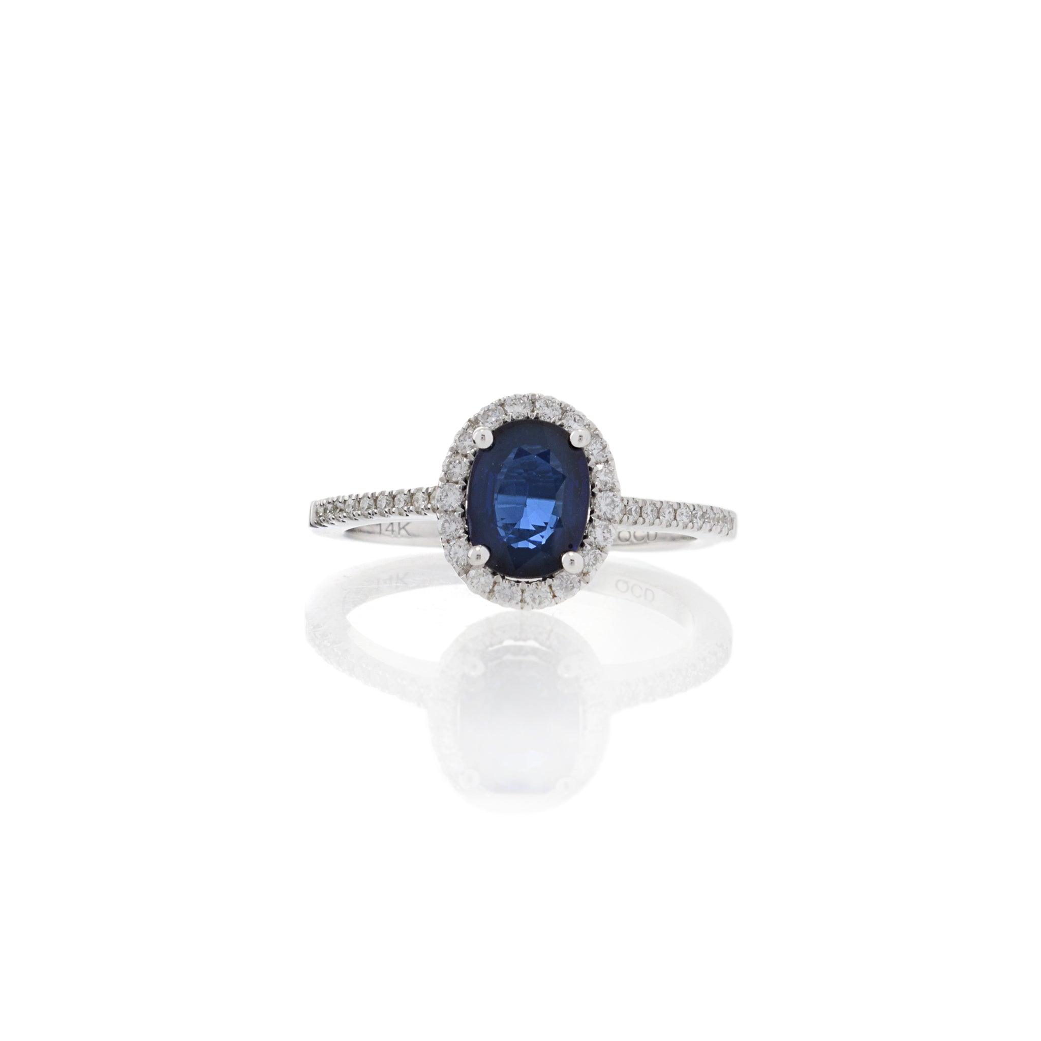 14KT White Gold Oval Ceylon Sapphire and Diamond Halo Ring