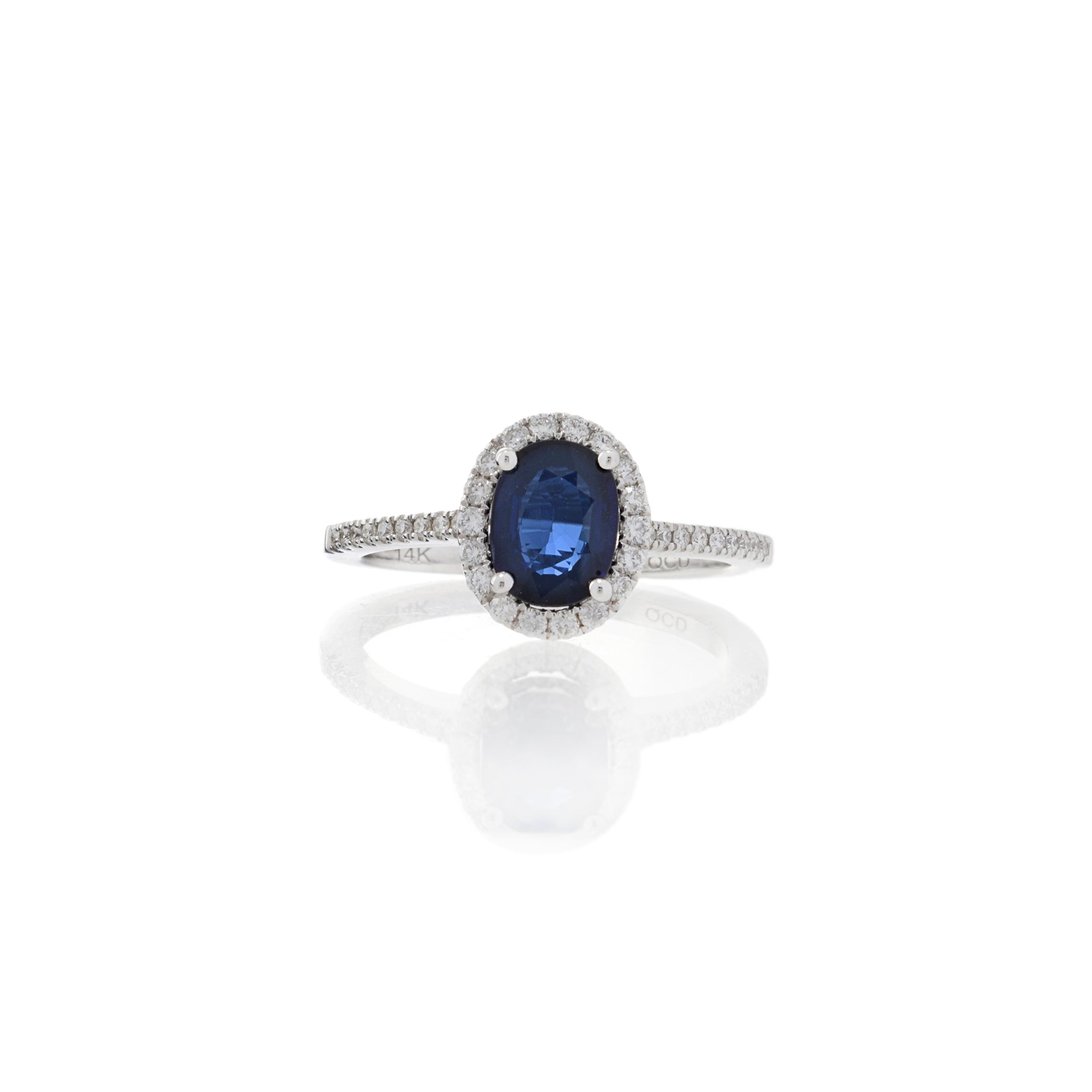 14KT White Gold Oval Ceylon Sapphire and Diamond Halo Ring