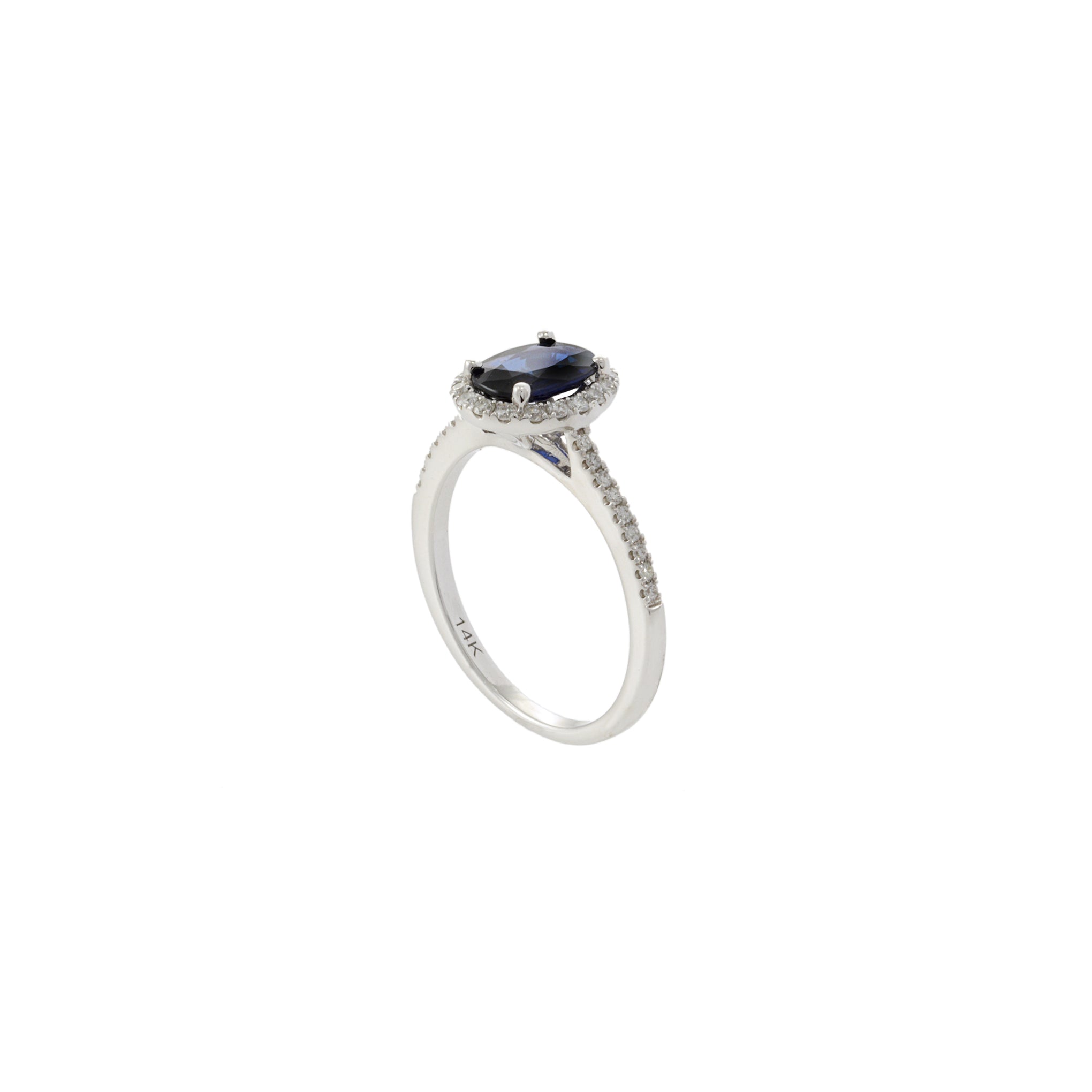 14KT White Gold Oval Ceylon Sapphire and Diamond Halo Ring