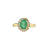 14KT Yellow Gold Oval Emerald with Round Cut Diamond Double Halo Ring