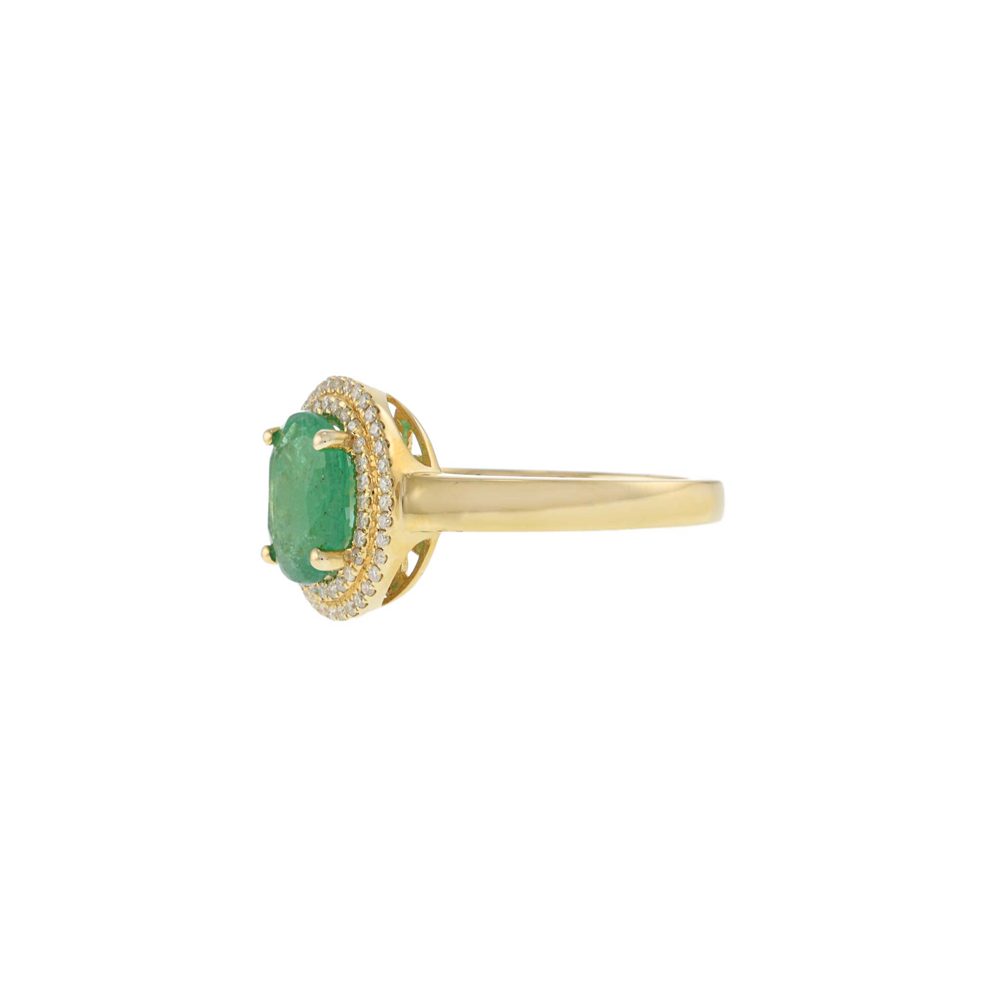 14KT Yellow Gold Oval Emerald with Round Cut Diamond Double Halo Ring