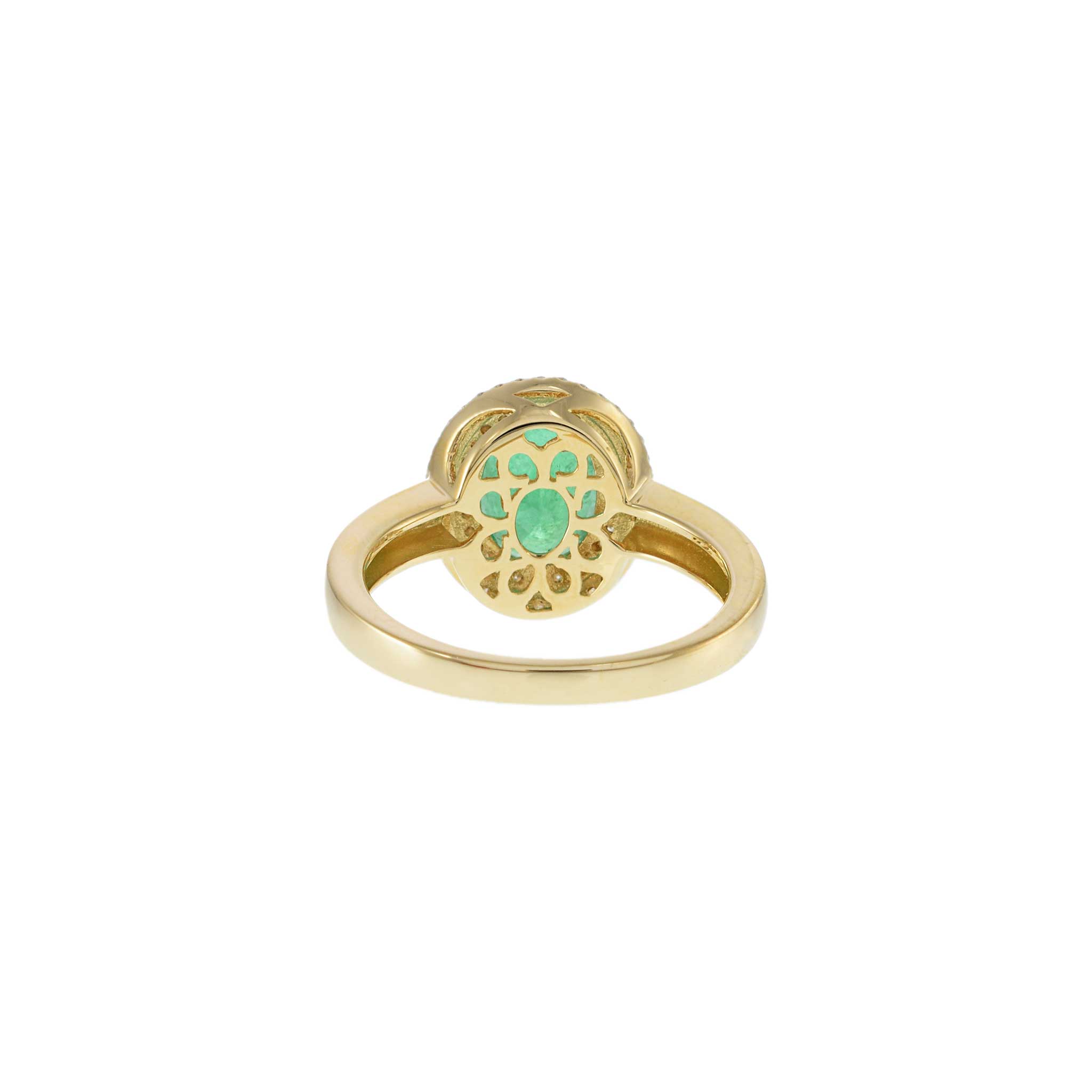 14KT Yellow Gold Oval Emerald with Round Cut Diamond Double Halo Ring