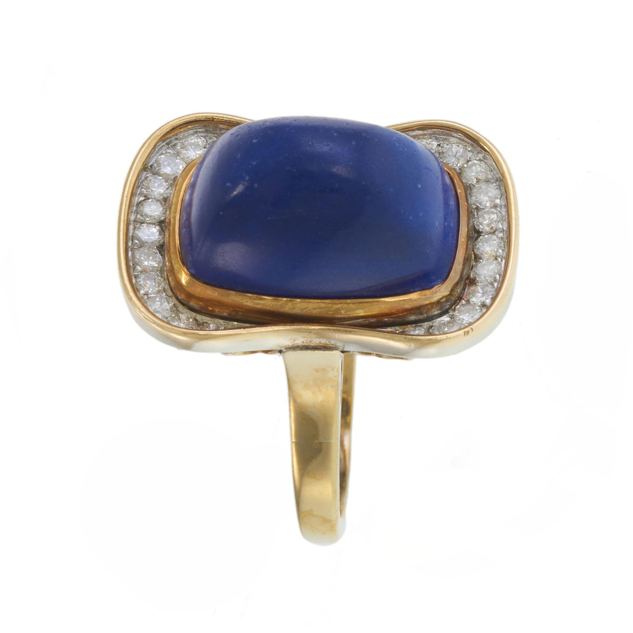 Vintage Retro Lapis Lazuli and Diamond Cocktail Ring in 14KT Yellow Gold