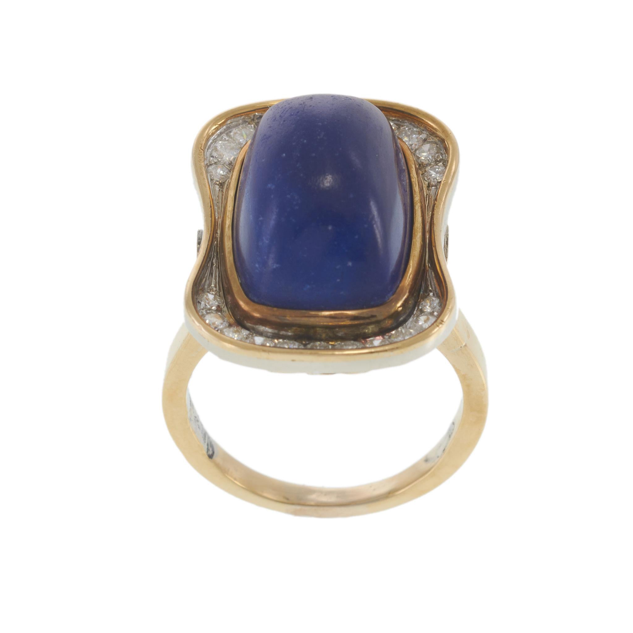 Vintage Retro Lapis Lazuli and Diamond Cocktail Ring in 14KT Yellow Gold