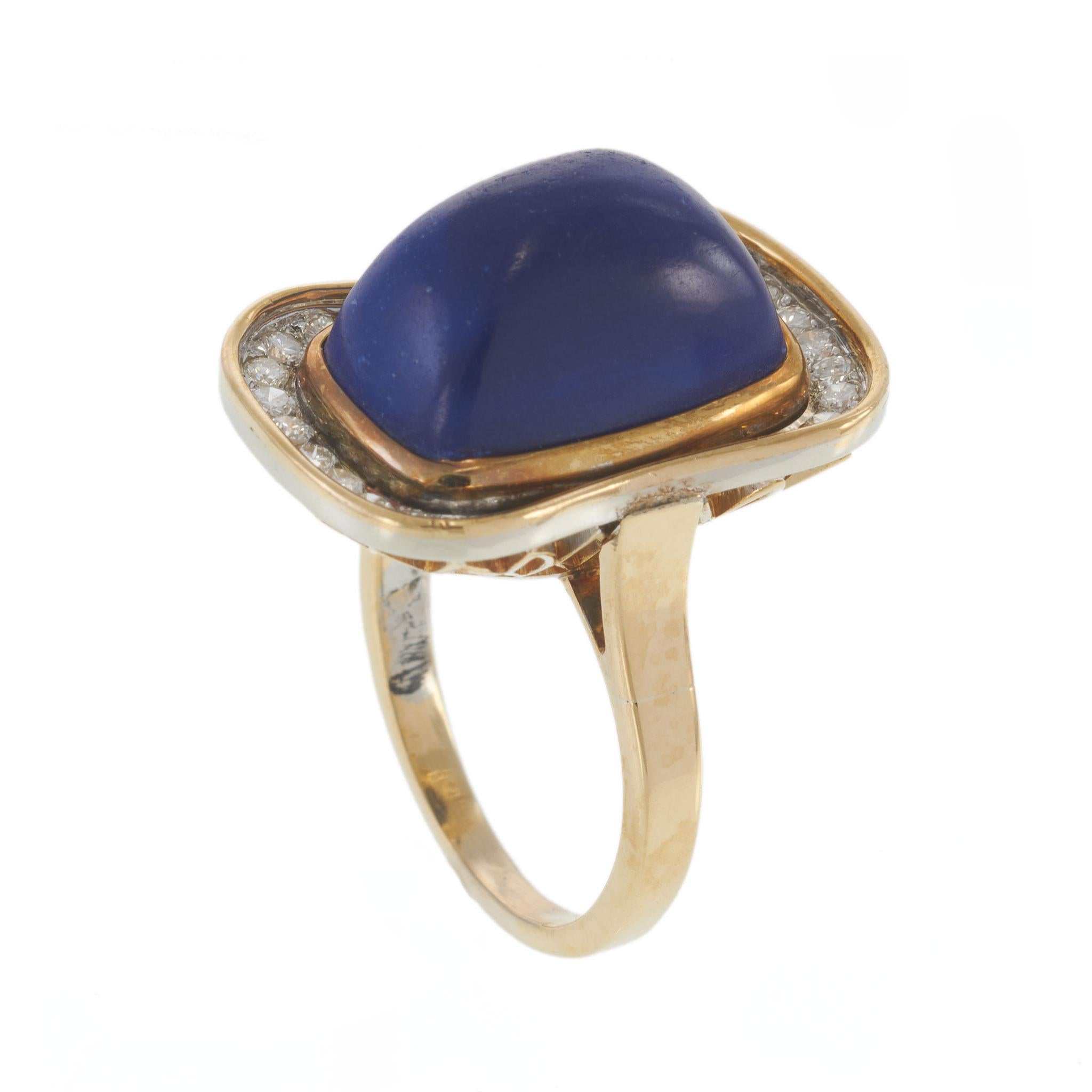 Vintage Retro Lapis Lazuli and Diamond Cocktail Ring in 14KT Yellow Gold