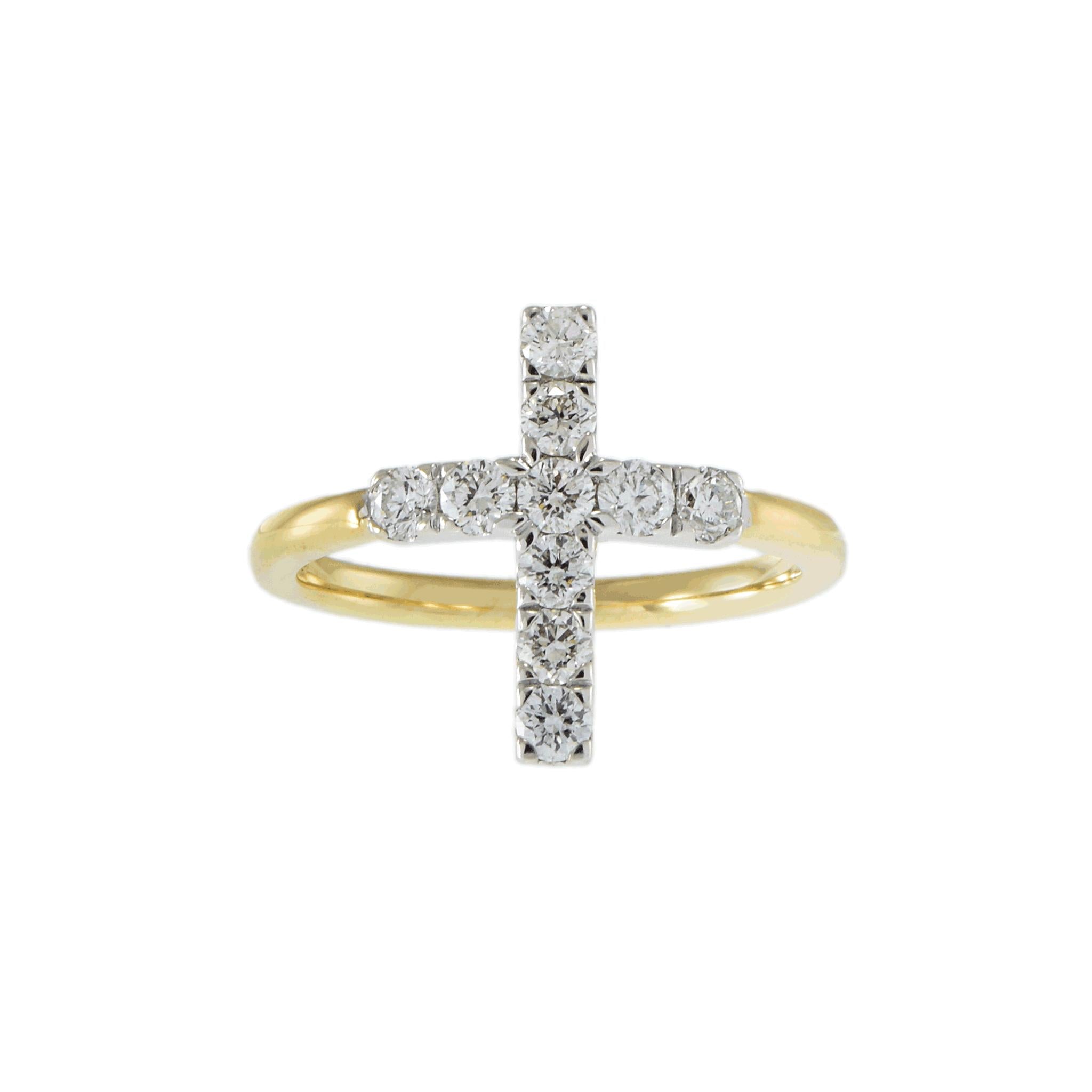 14KT Two Tone Gold Diamond Cross Ring