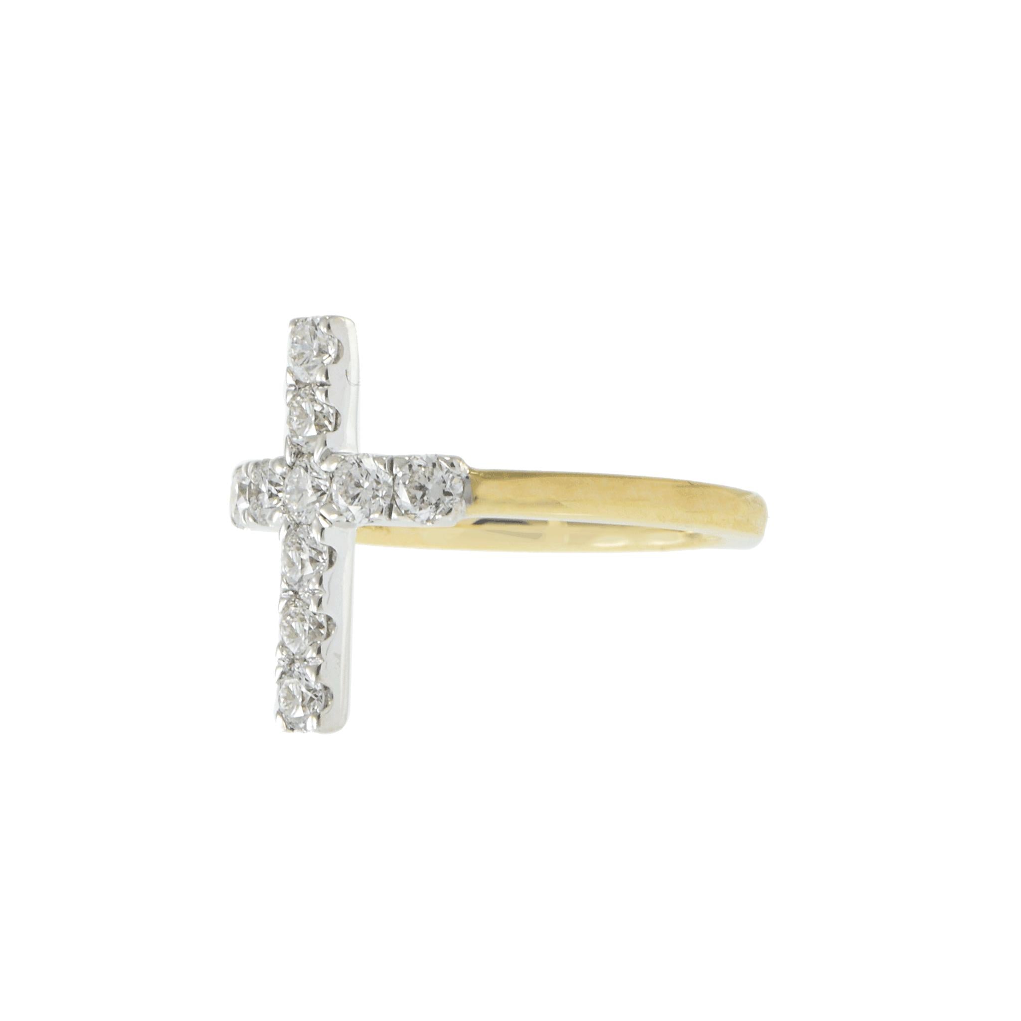 14KT Two Tone Gold Diamond Cross Ring