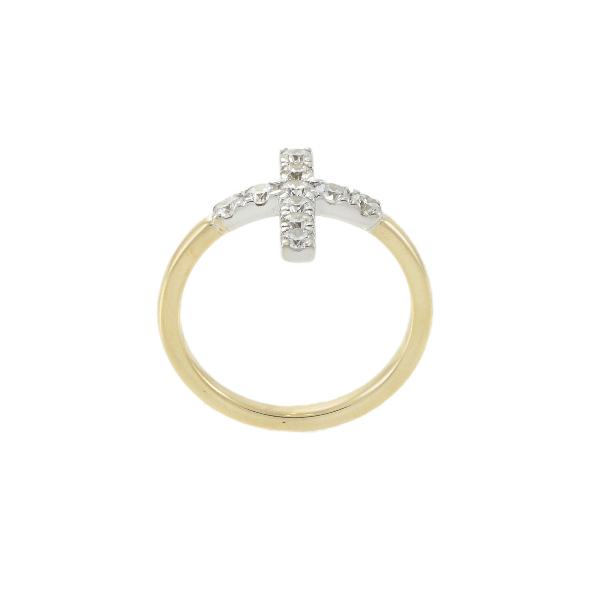 14KT Two Tone Gold Diamond Cross Ring