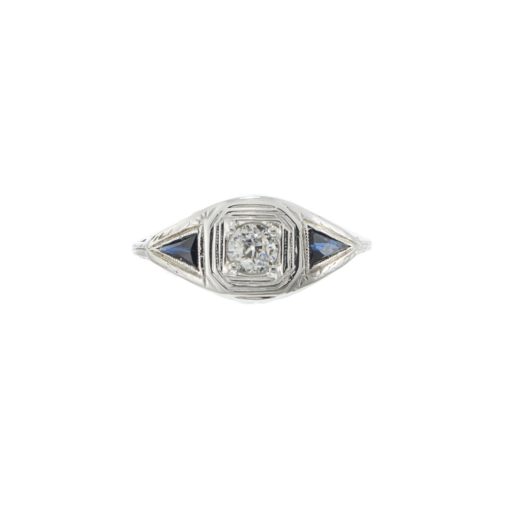 Antique Edwardian 18KT & Platinum Filigree Sapphire and Diamond Ring