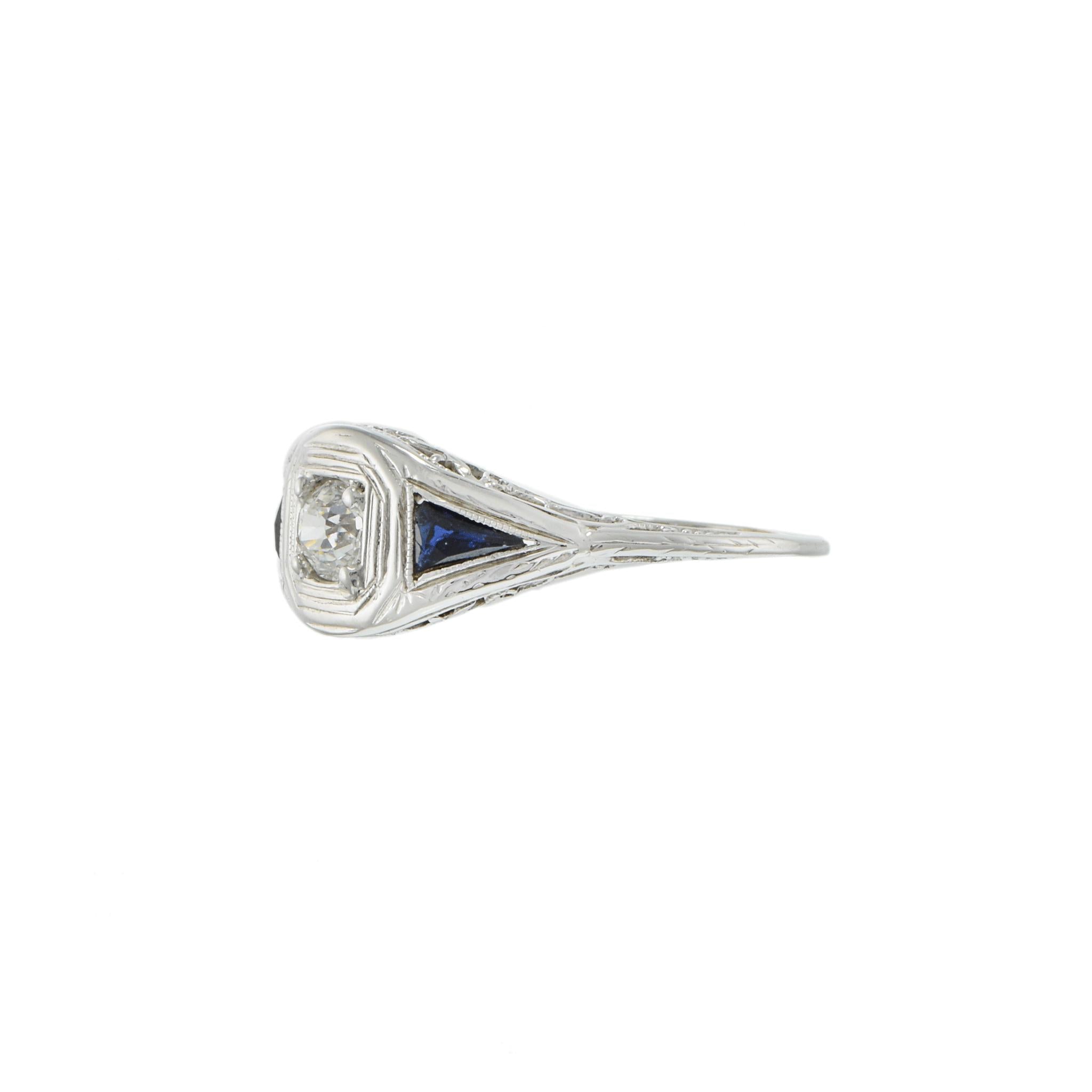 Antique Edwardian 18KT & Platinum Filigree Sapphire and Diamond Ring