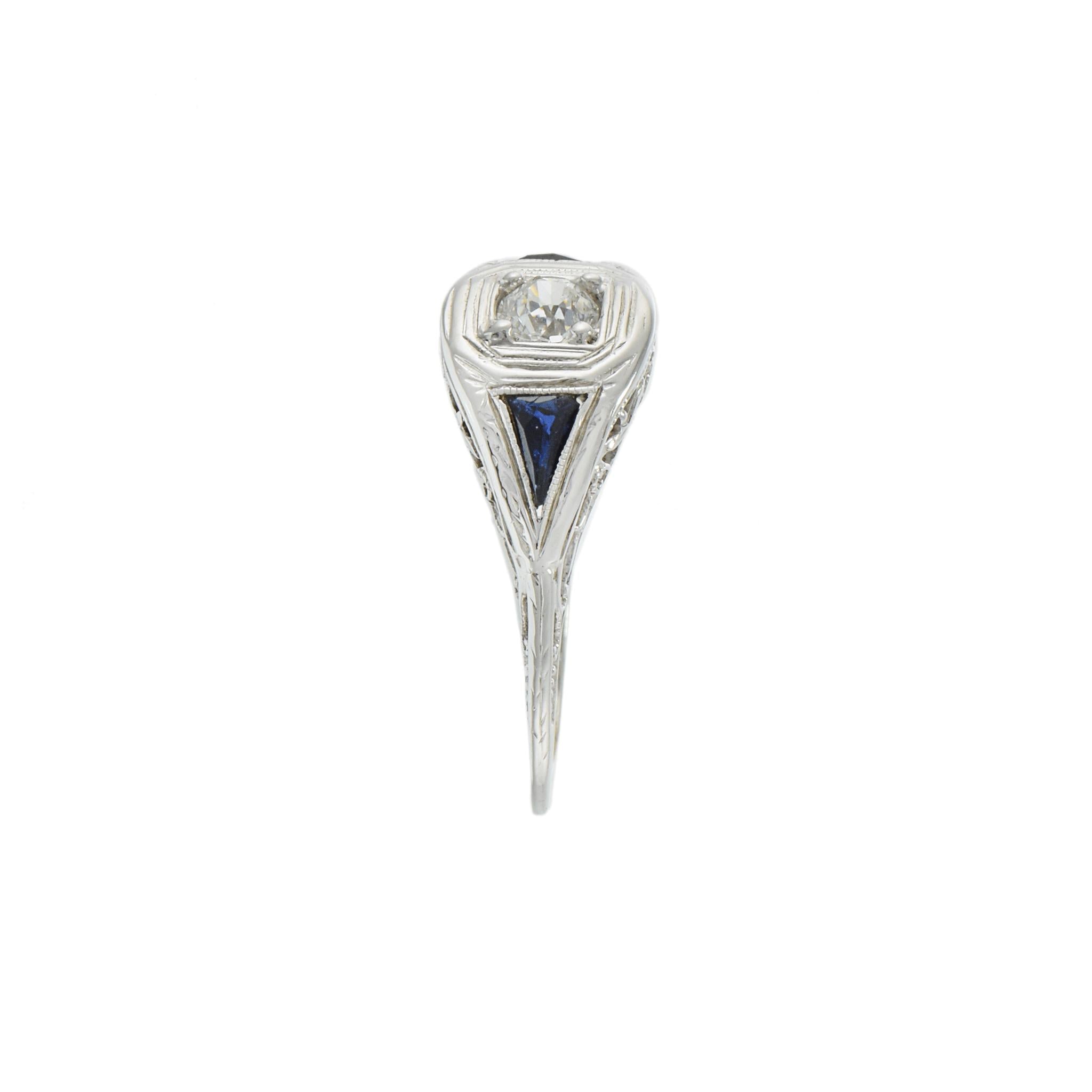 Antique Edwardian 18KT & Platinum Filigree Sapphire and Diamond Ring