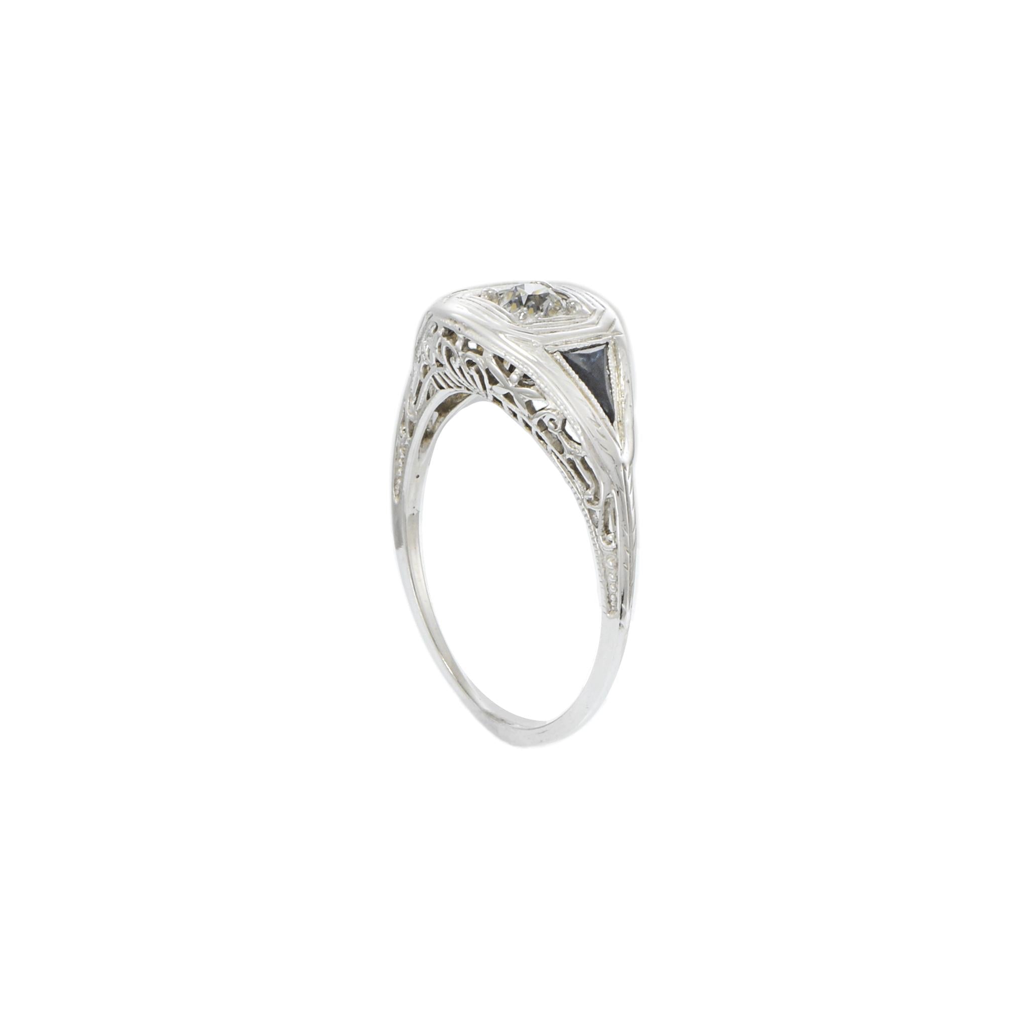 Antique Edwardian 18KT & Platinum Filigree Sapphire and Diamond Ring