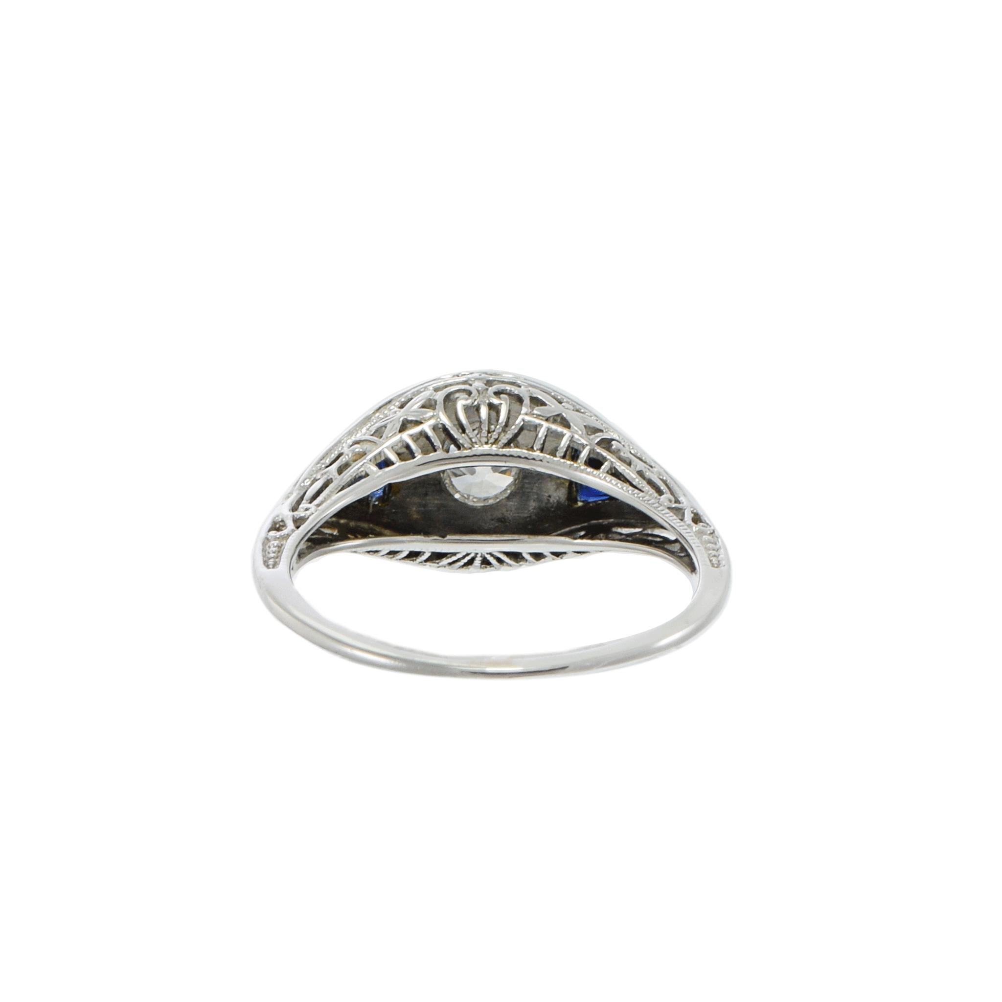 Antique Edwardian 18KT & Platinum Filigree Sapphire and Diamond Ring
