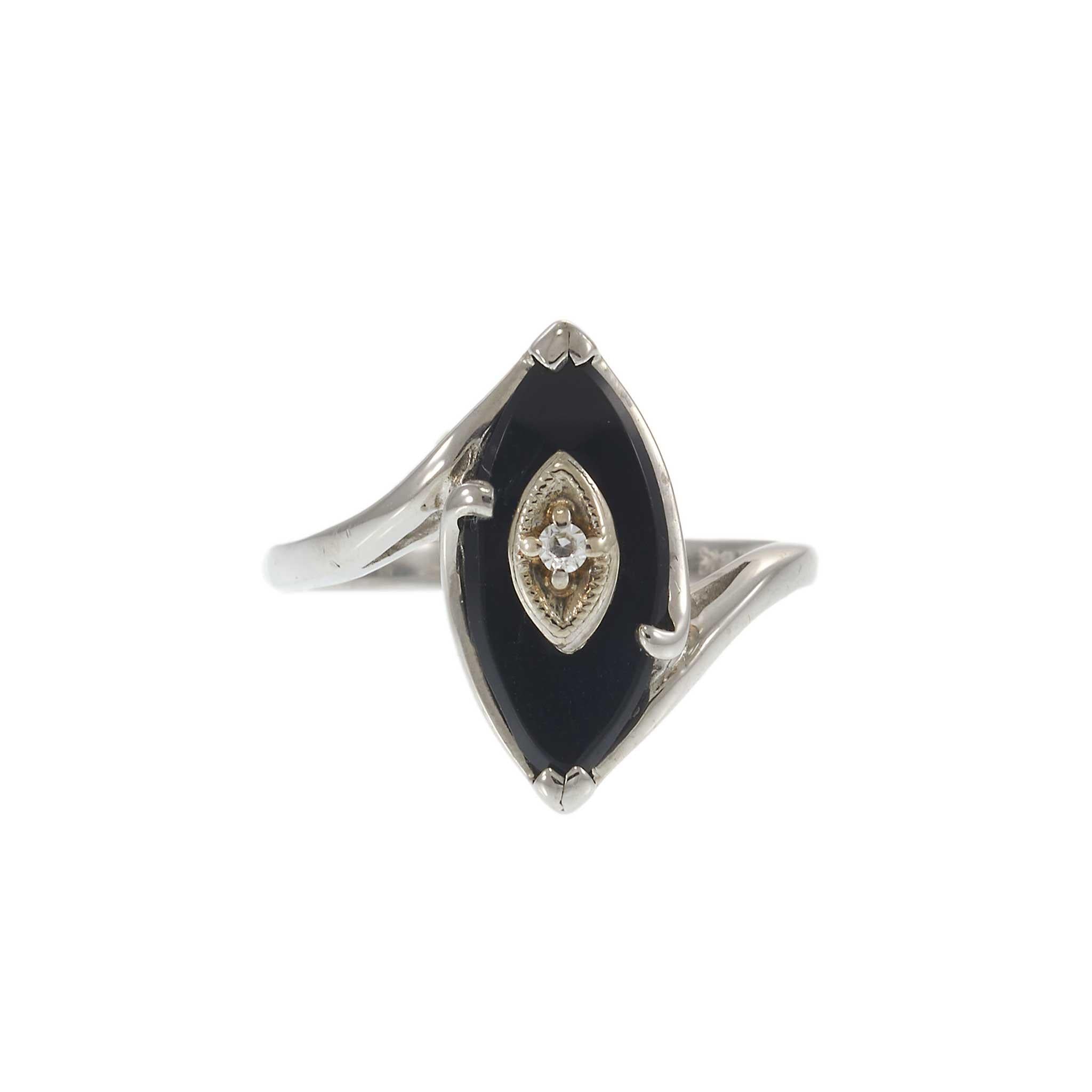 Vintage Art Deco 10KT White Gold Marquise Onyx and Diamond Ring