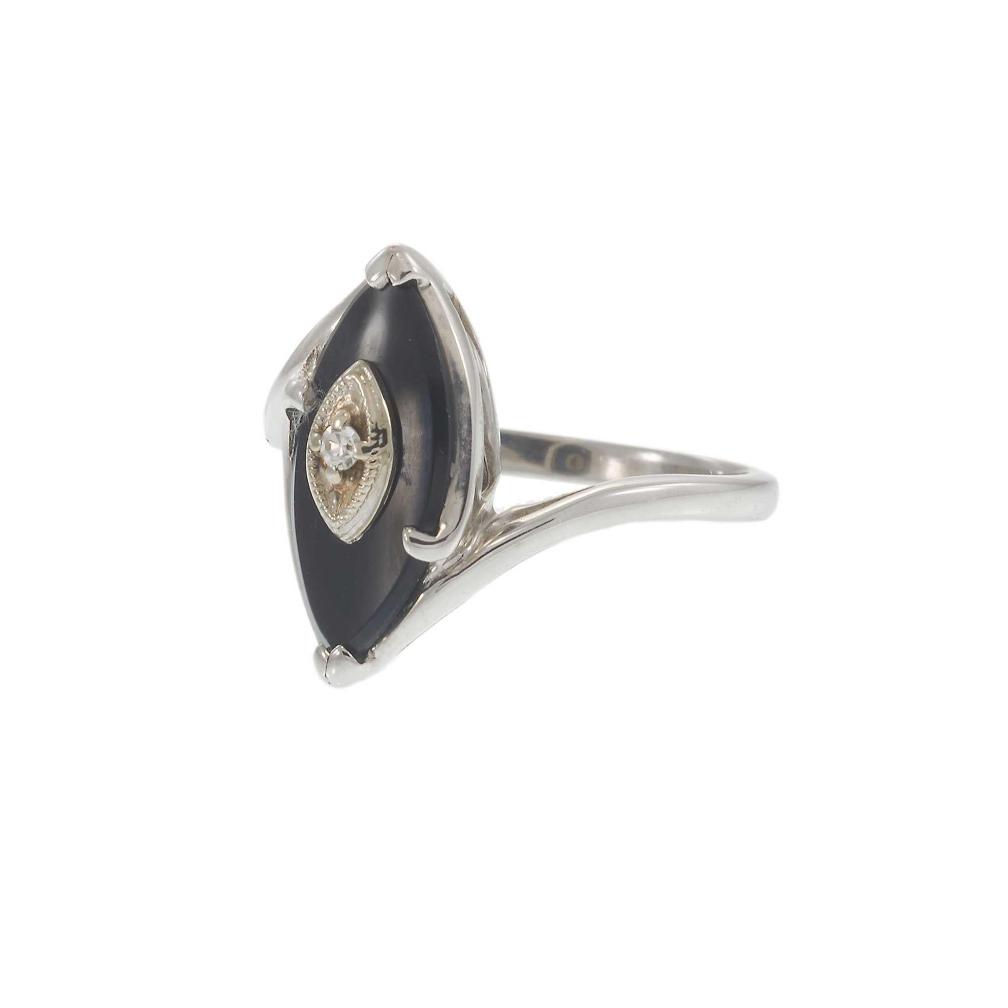 Vintage Art Deco 10KT White Gold Marquise Onyx and Diamond Ring
