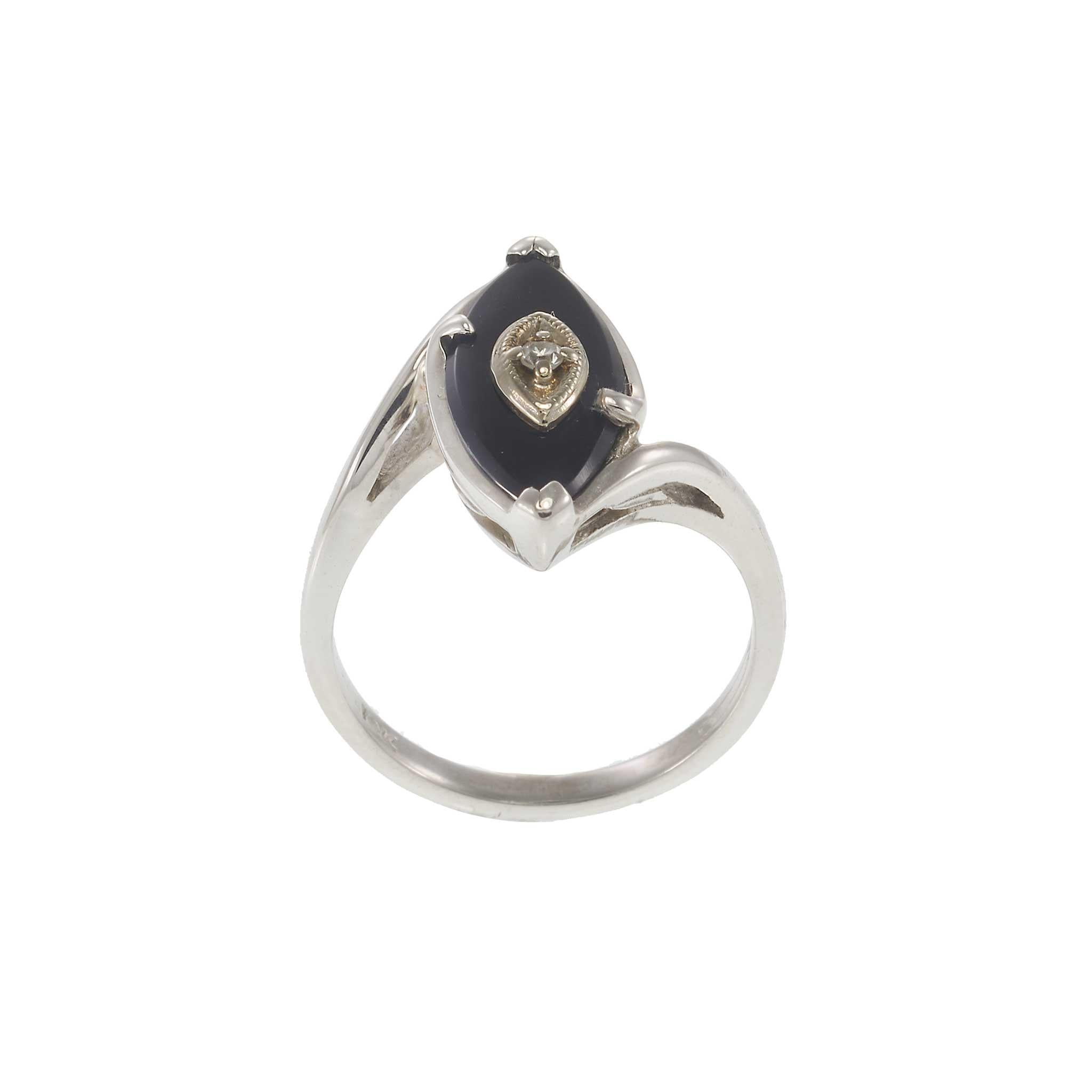 Vintage Art Deco 10KT White Gold Marquise Onyx and Diamond Ring