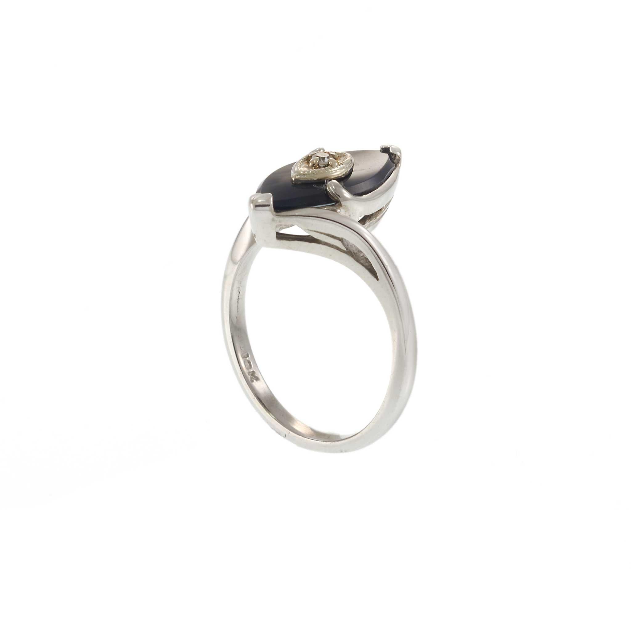 Vintage Art Deco 10KT White Gold Marquise Onyx and Diamond Ring