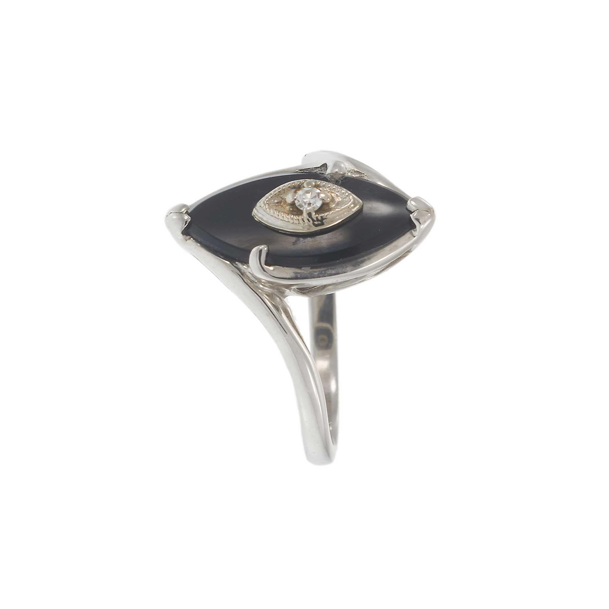 Vintage Art Deco 10KT White Gold Marquise Onyx and Diamond Ring
