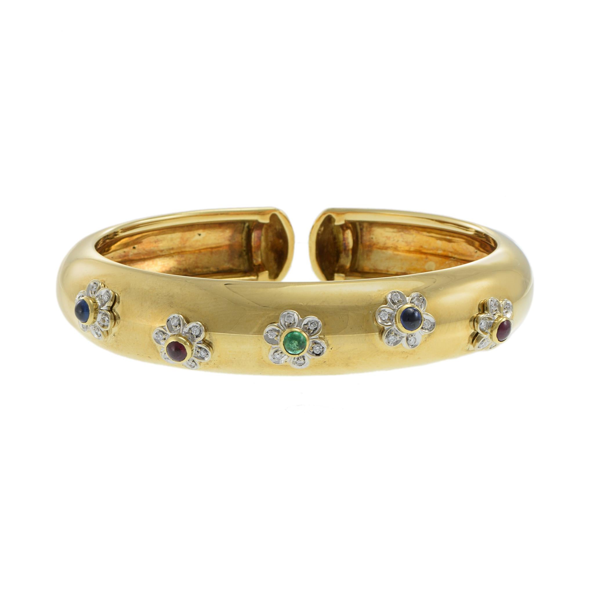 Vintage 1970s 18KT Yellow Gold Multi-Gemstone & Diamond Flex Bangle