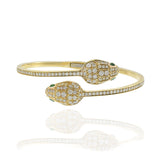14KT Yellow Gold Double Snake Head Diamond Bangle with Emerald Eyes