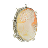 Antique 14KT White Gold Filigree Portrait Cameo Brooch