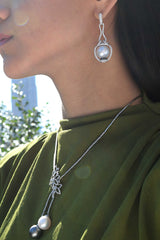18KT White Gold Black & White Diamond South Sea Pearl Drop Earrings