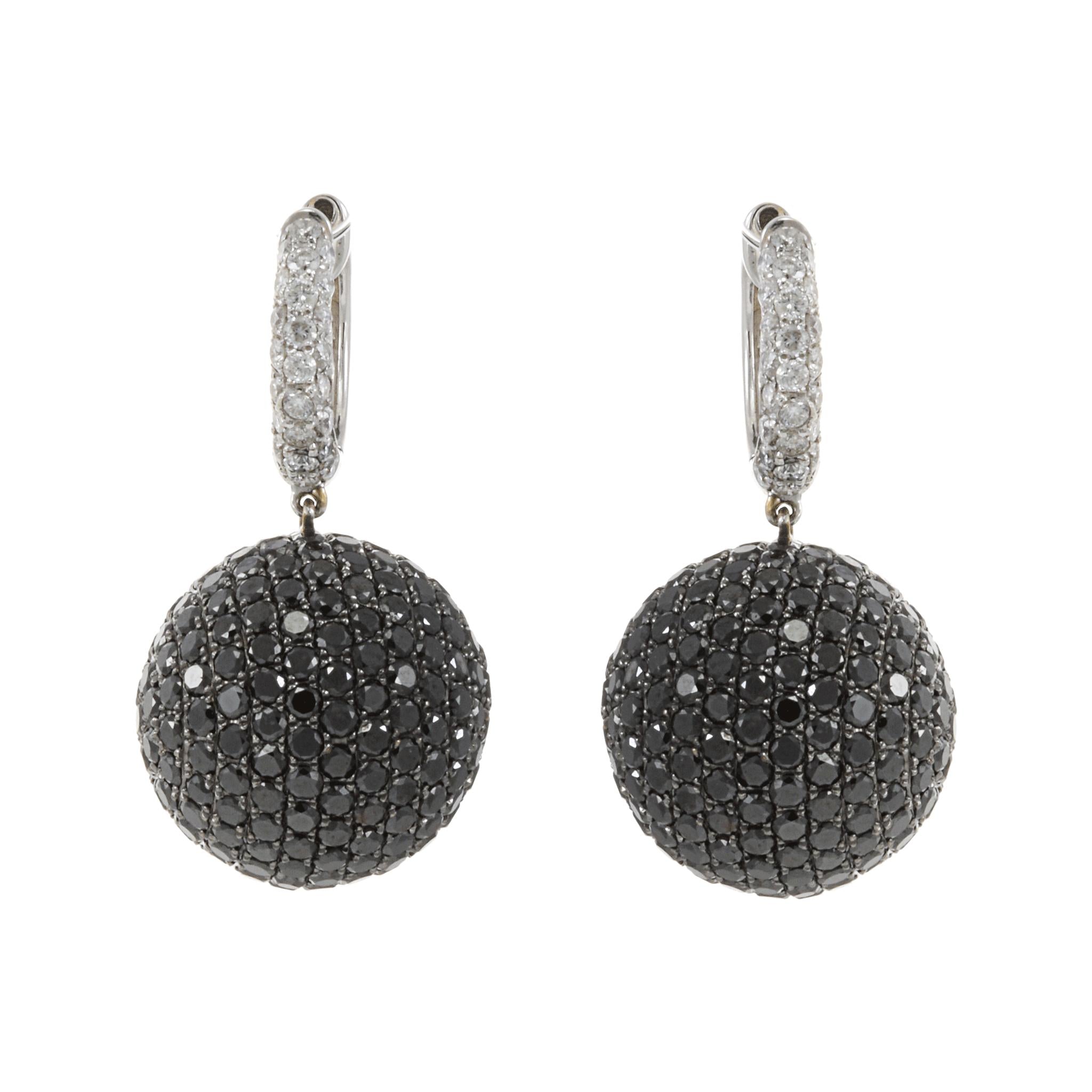 18KT White Gold Black and White Diamond Ball Drop Earrings
